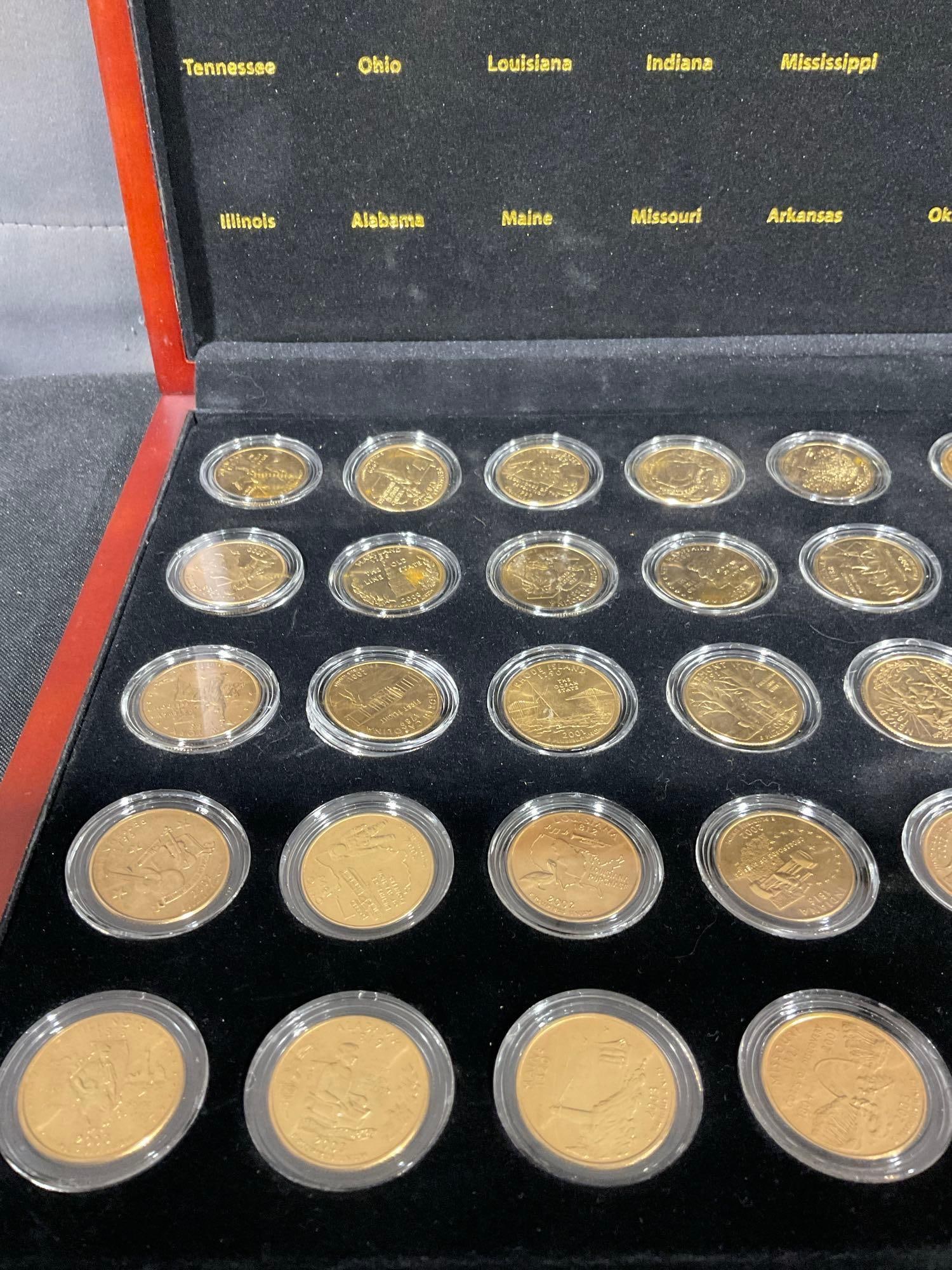 Set of 50 State Commemoravitve Quarters 1999-2008 Gold Edition D-Mint in flips w cherry wood Case - 2