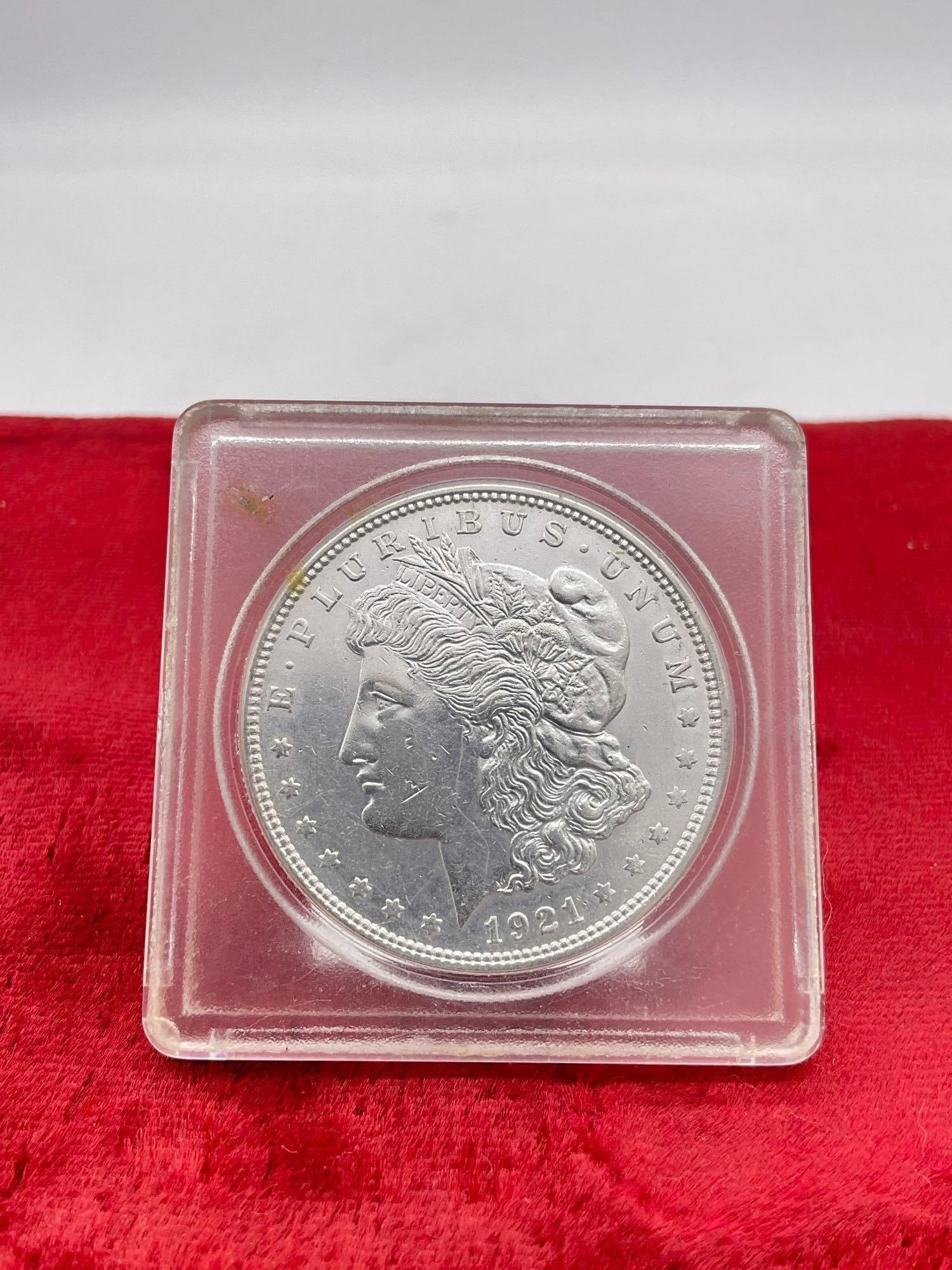 Antique 1921-D Silver Morgan Dollar nice condition in protective Coin Flip see pics: C-5880