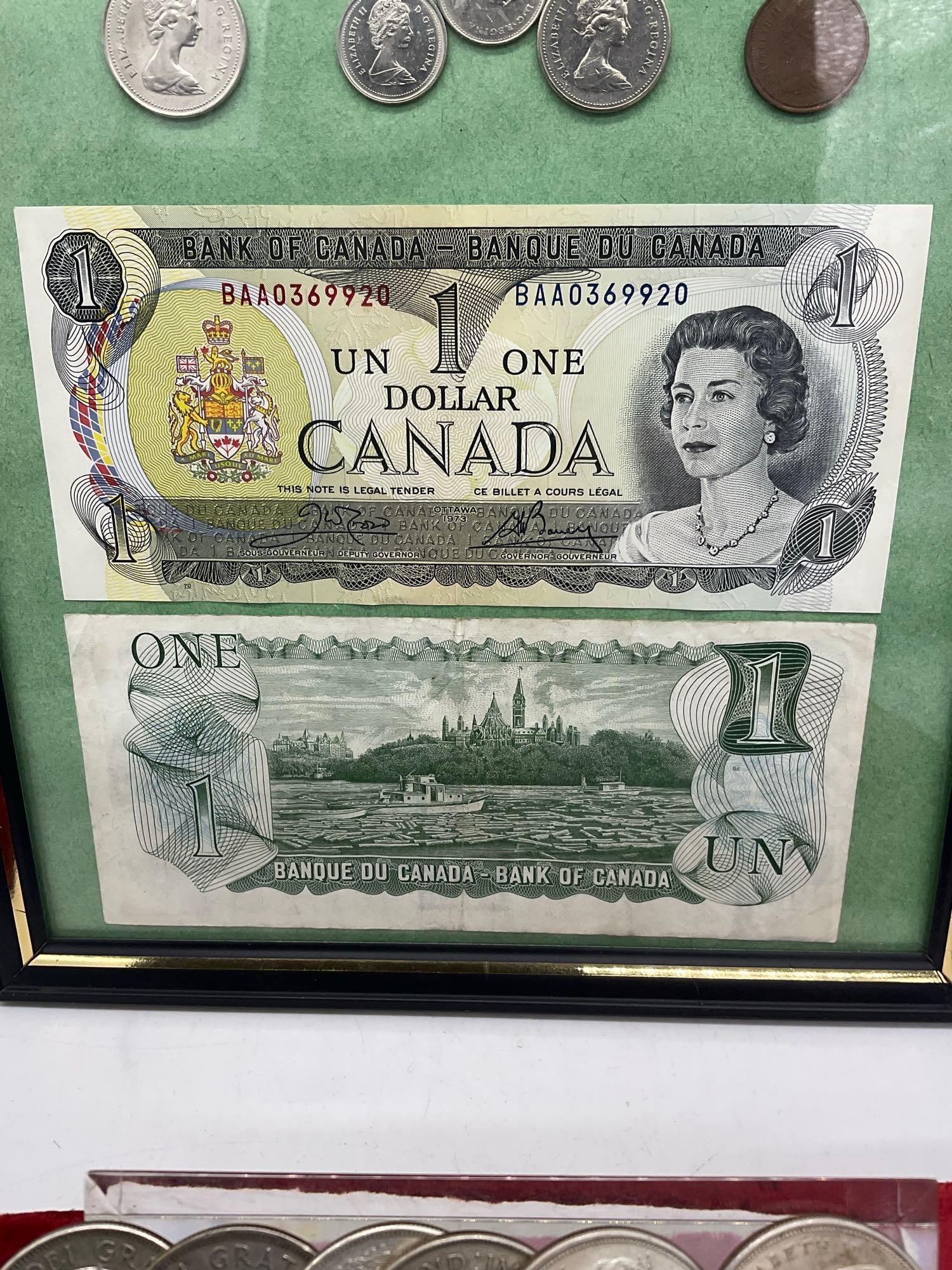 Collection of Canadian Coins & currency , 10x Silver Half dollars , Framed $1 Bills And Coins + - 3