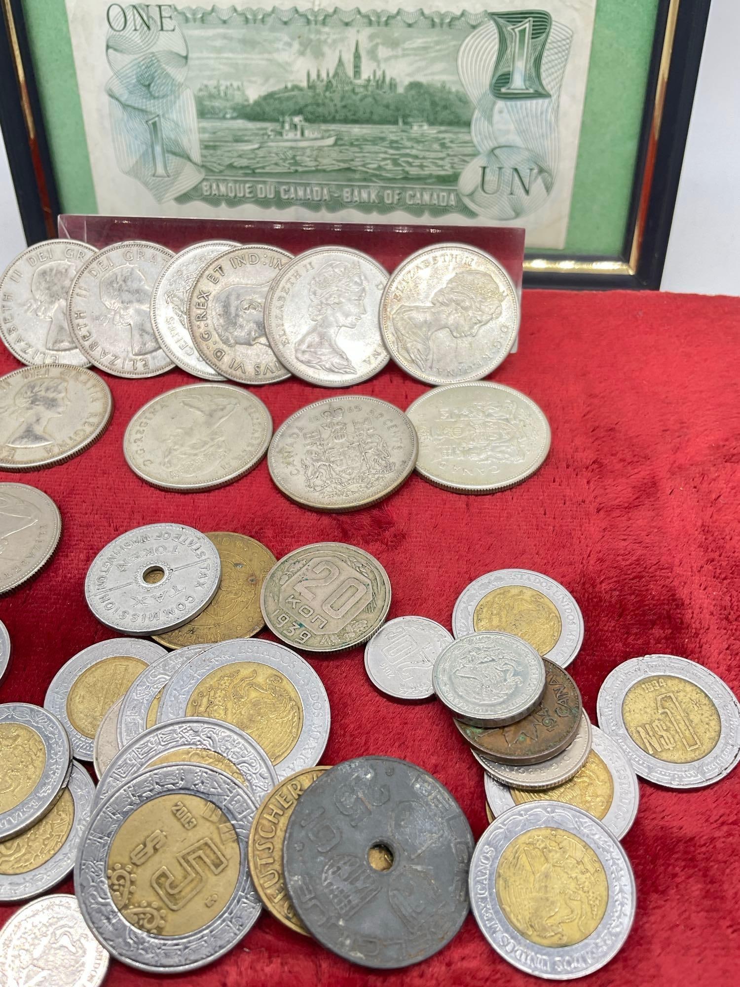 Collection of Canadian Coins & currency , 10x Silver Half dollars , Framed $1 Bills And Coins + - 5