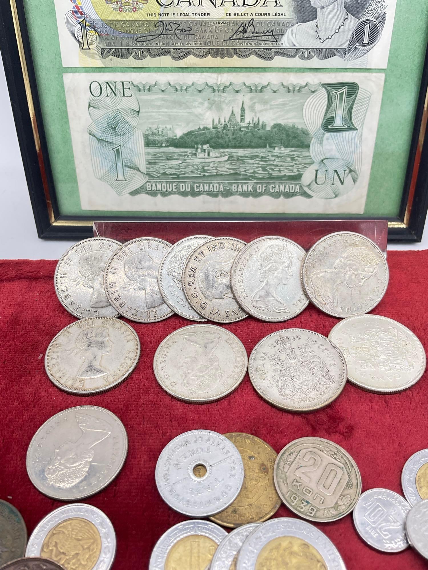 Collection of Canadian Coins & currency , 10x Silver Half dollars , Framed $1 Bills And Coins + - 6