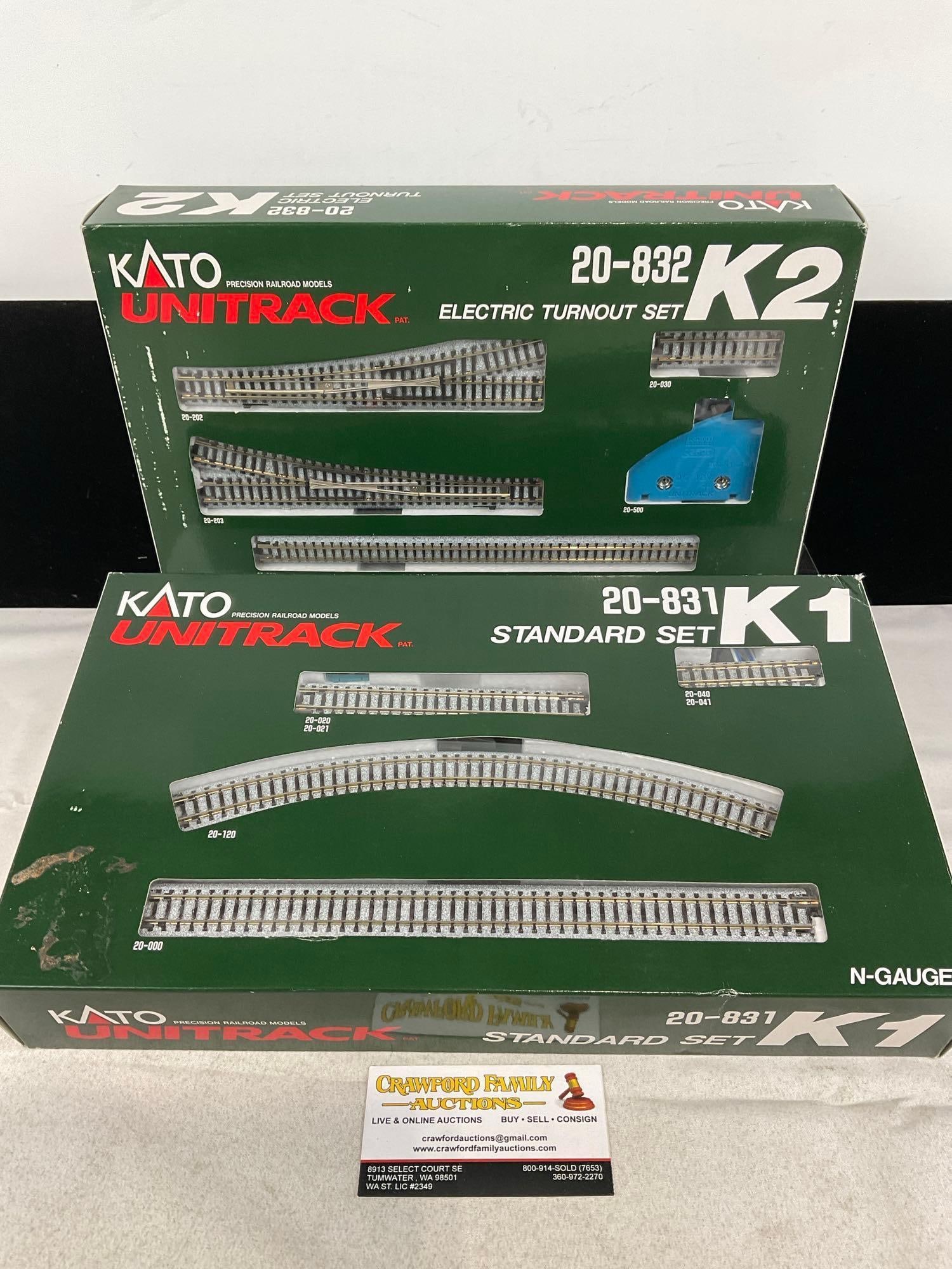 Kato Unitrack 2 Sets, 20-831 K1 Standard Set & 20-832 K2 electric turnout set, N-Gauge size: Appears to be in good shape. The piece measures approx 6h x 15w x 9d inches. See pics. E-5430