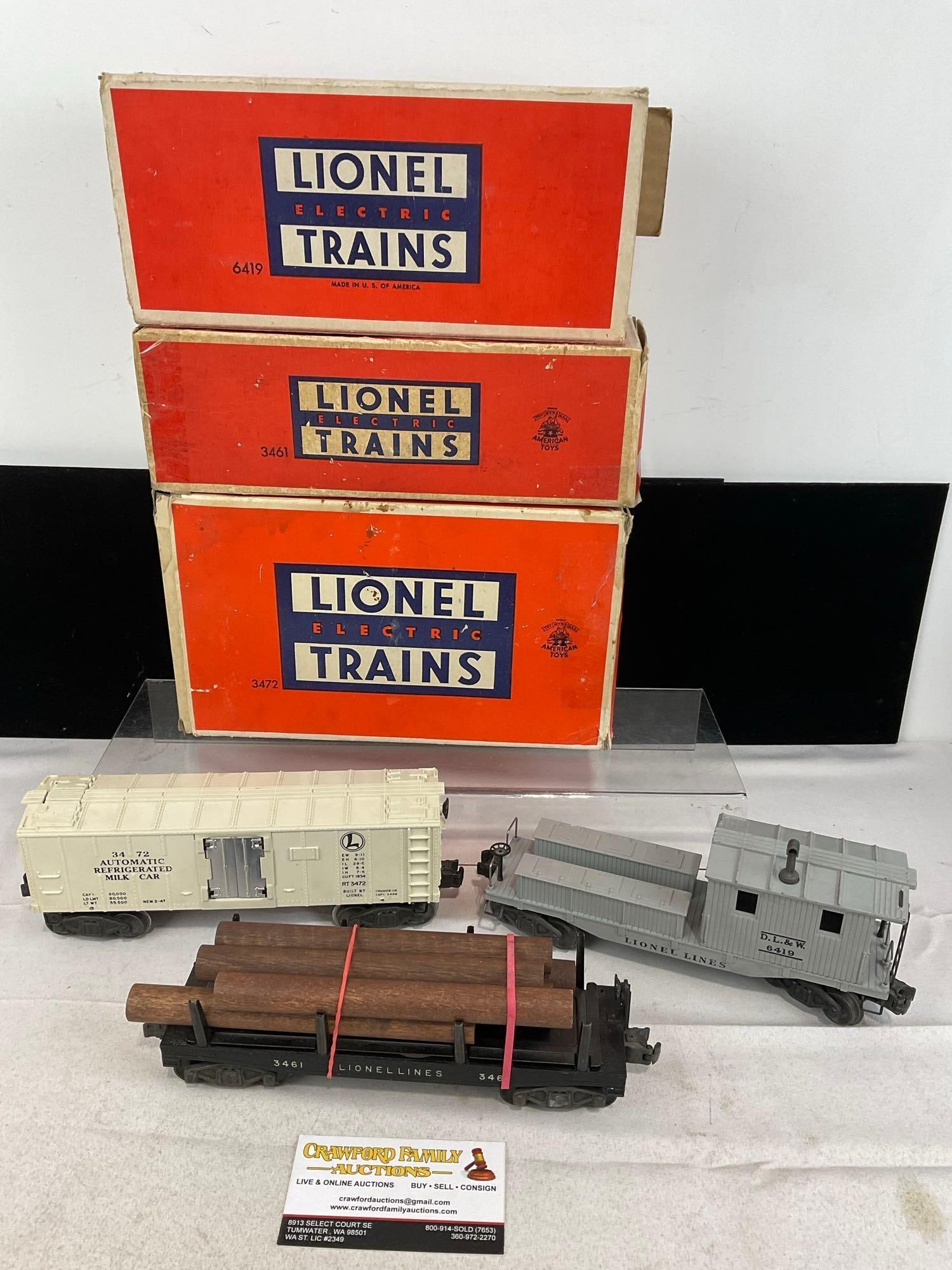 3 O-Gauge Lionel Electric Trains, Log Train 3461, 3472 DL&W Refrig Milk Car & 6419 Caboose w/boxes (1 of 6)