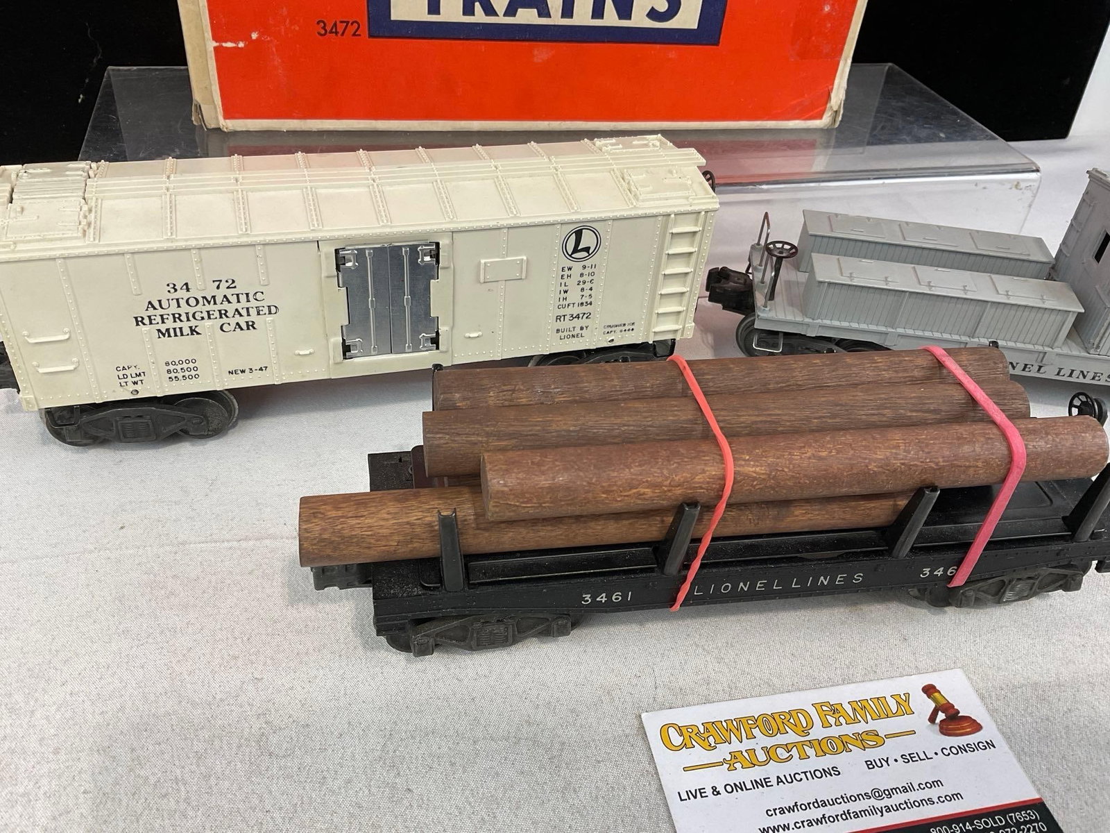 3 O-Gauge Lionel Electric Trains, Log Train 3461, 3472 DL&W Refrig Milk Car & 6419 Caboose w/boxes - 3