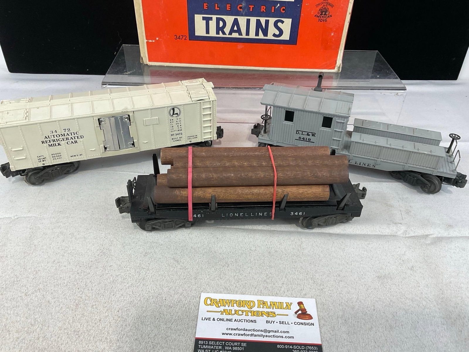 3 O-Gauge Lionel Electric Trains, Log Train 3461, 3472 DL&W Refrig Milk Car & 6419 Caboose w/boxes - 5