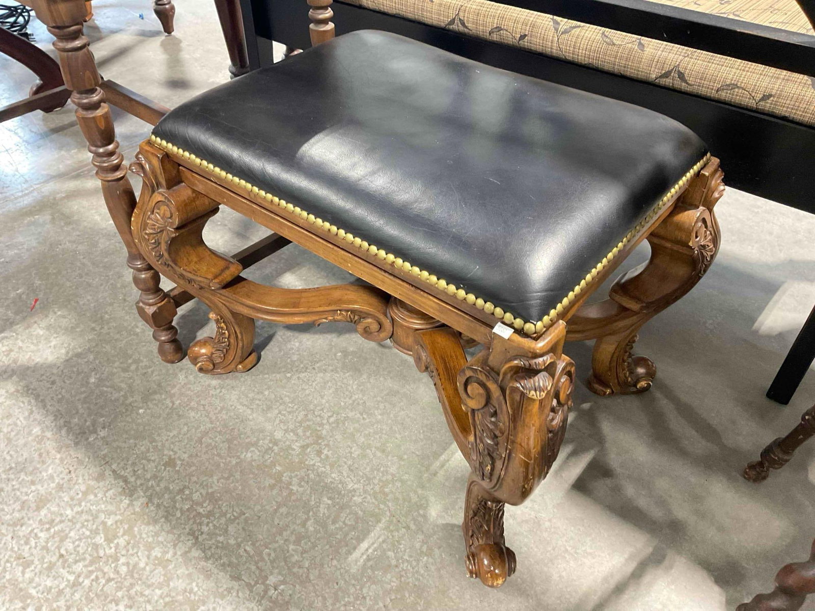 Antique Style Carved Wooden Stool w/ Leather Cushion & Reversible Chessboard. See pics. - 2
