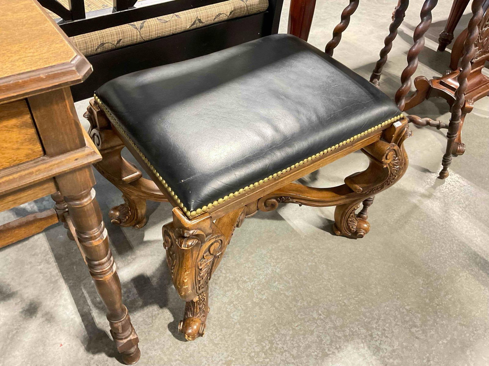 Antique Style Carved Wooden Stool w/ Leather Cushion & Reversible Chessboard. See pics. - 3