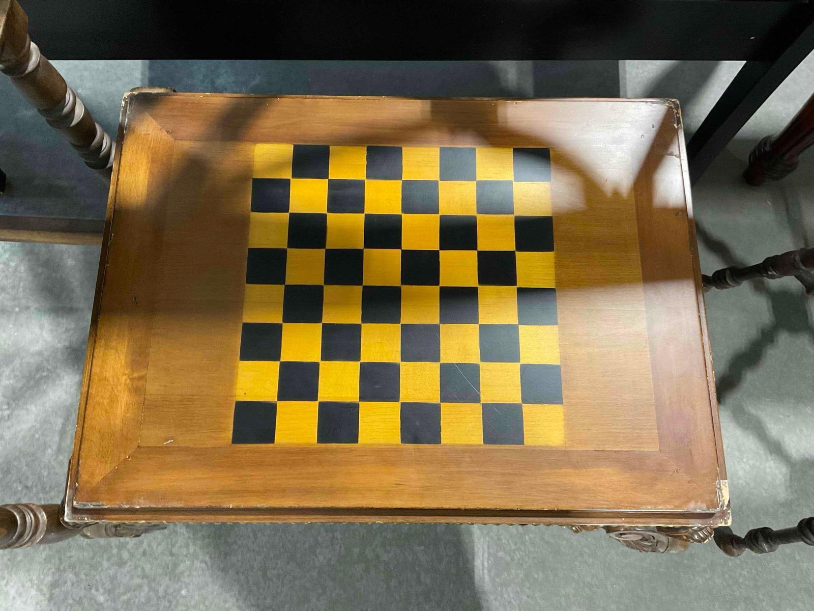 Antique Style Carved Wooden Stool w/ Leather Cushion & Reversible Chessboard. See pics. - 4