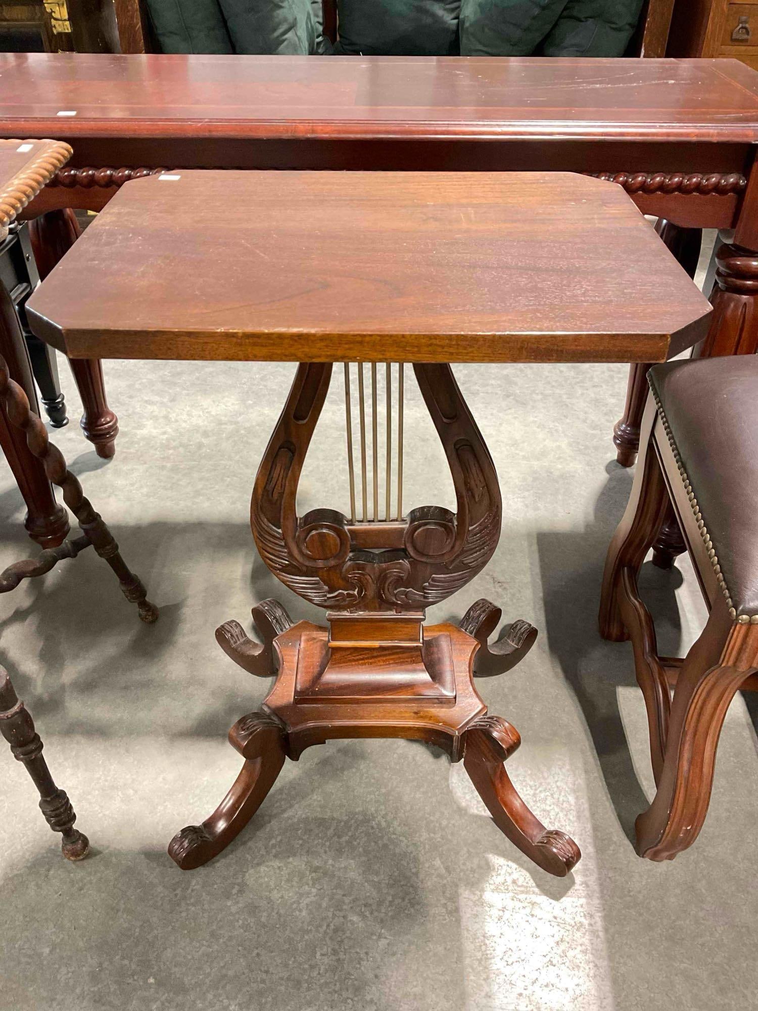 Antique Style Mahogany Wood Side Table w/ Carved Lyre Harp Base. Good Condition. See pics.: Antique Style Mahogany Wood Side Table w/ Carved Lyre Harp Base. Good Condition. Not antique, just in style. Measures 29" x 16" x 29" has wear indicative of age and use, otherwise in good condition.