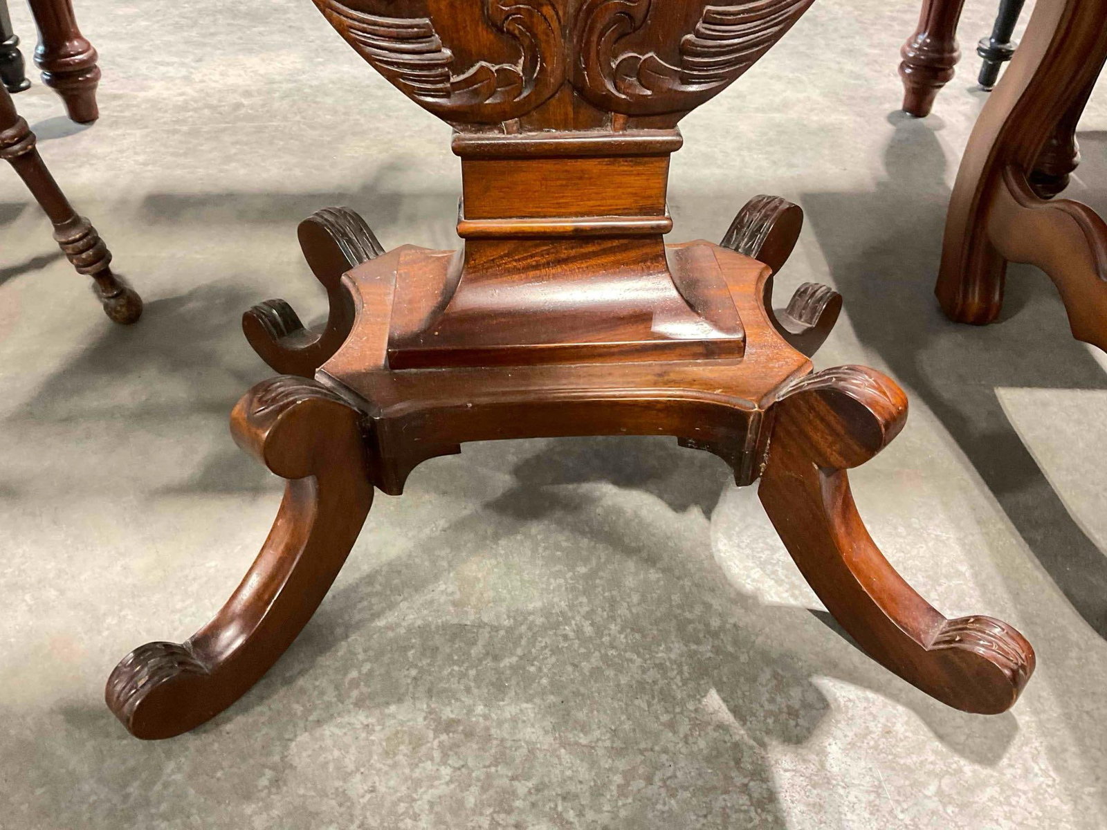 Antique Style Mahogany Wood Side Table w/ Carved Lyre Harp Base. Good Condition. See pics. - 2