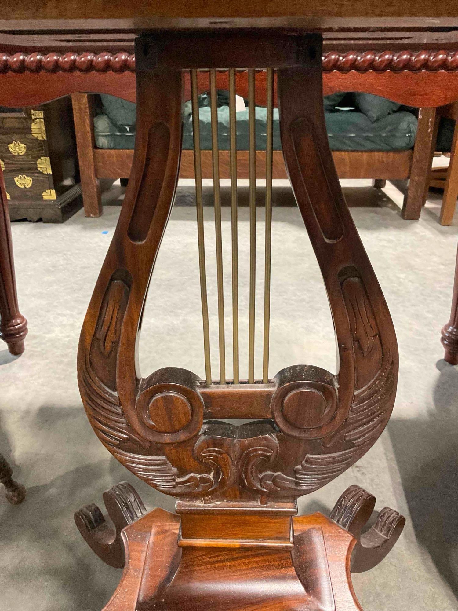 Antique Style Mahogany Wood Side Table w/ Carved Lyre Harp Base. Good Condition. See pics. - 3