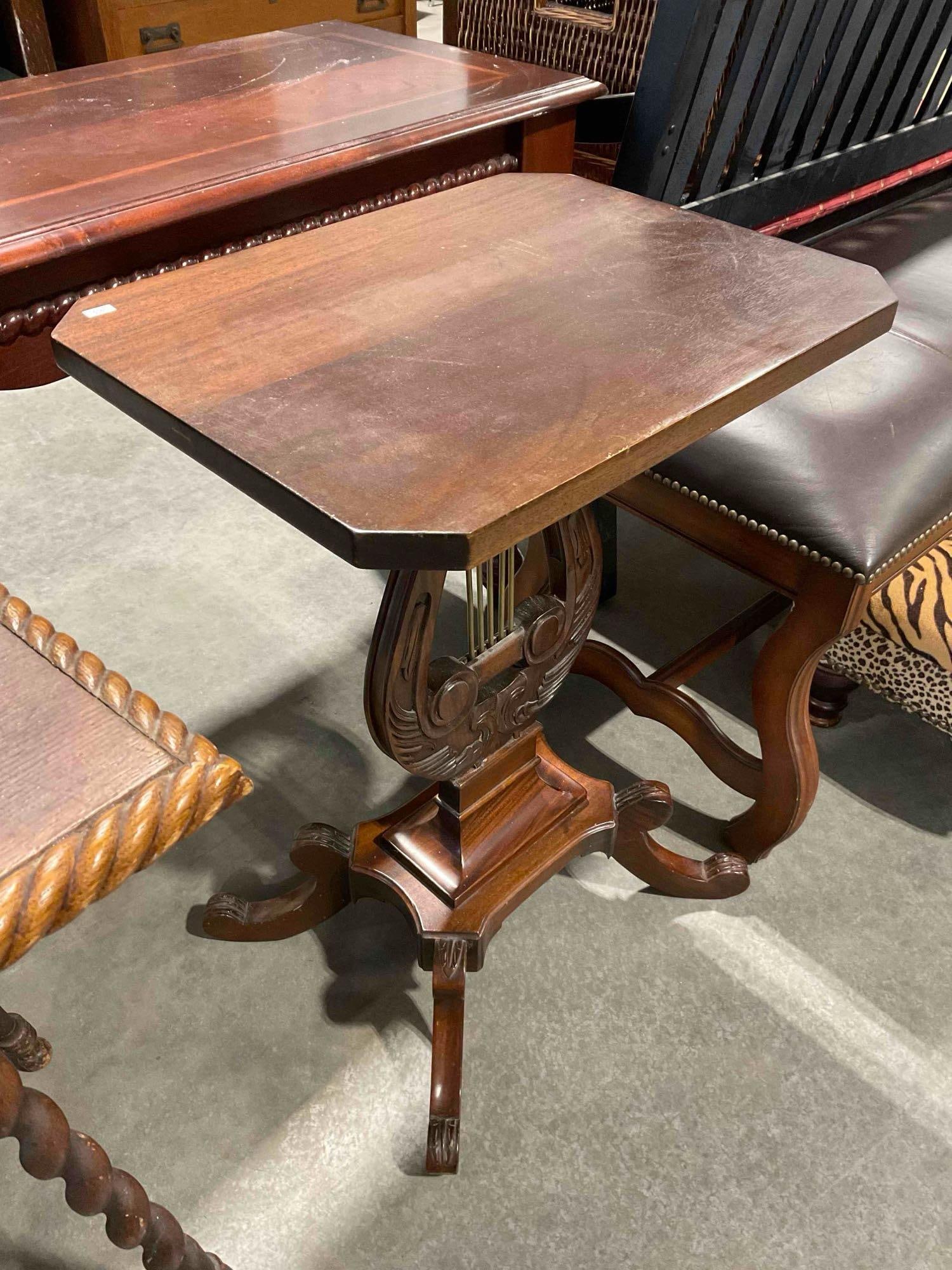 Antique Style Mahogany Wood Side Table w/ Carved Lyre Harp Base. Good Condition. See pics. - 5