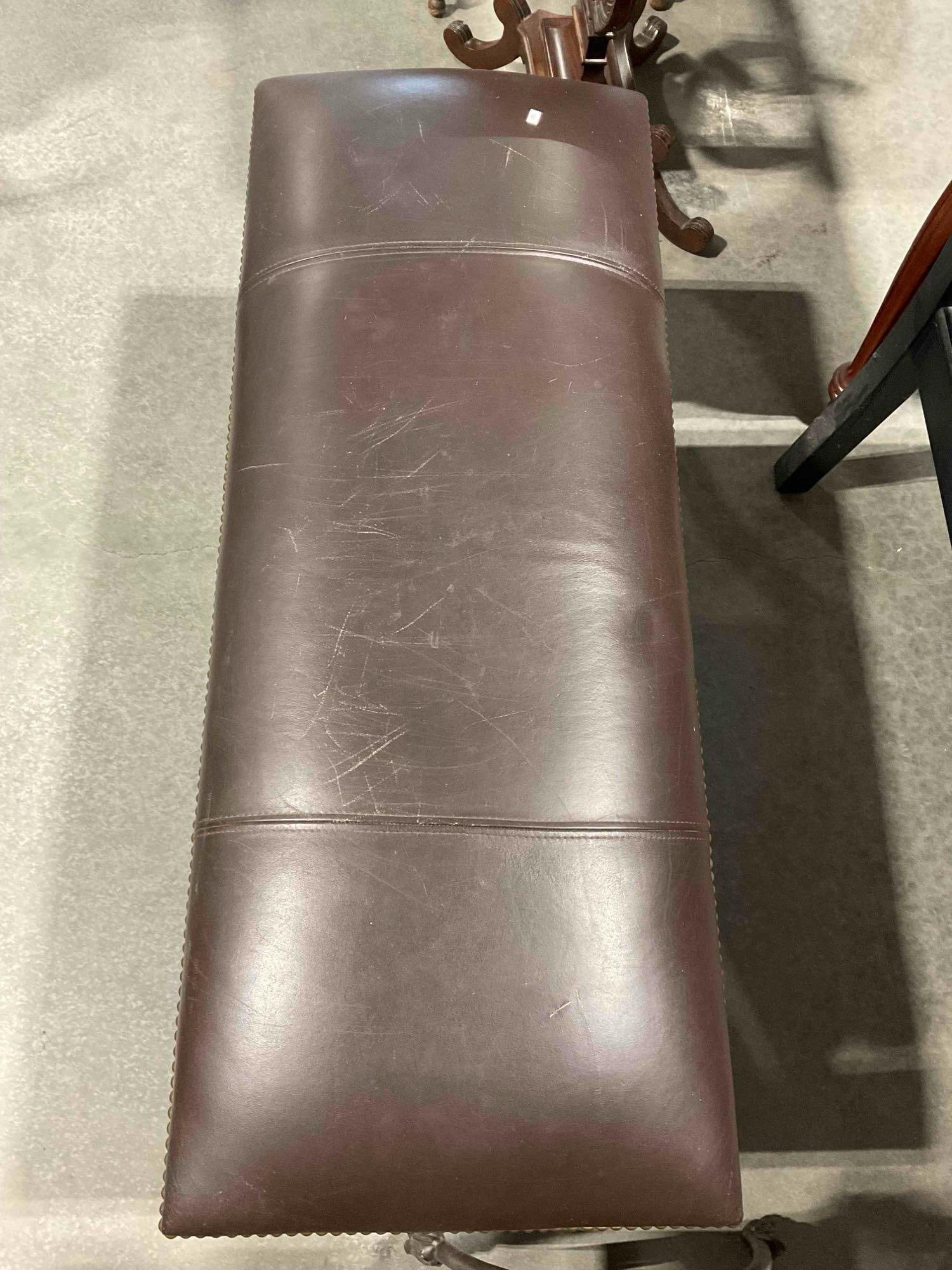Modern United Furniture Wooden Bench w/ Brown Leather Cushion. Fair Condition. See pics, - 2