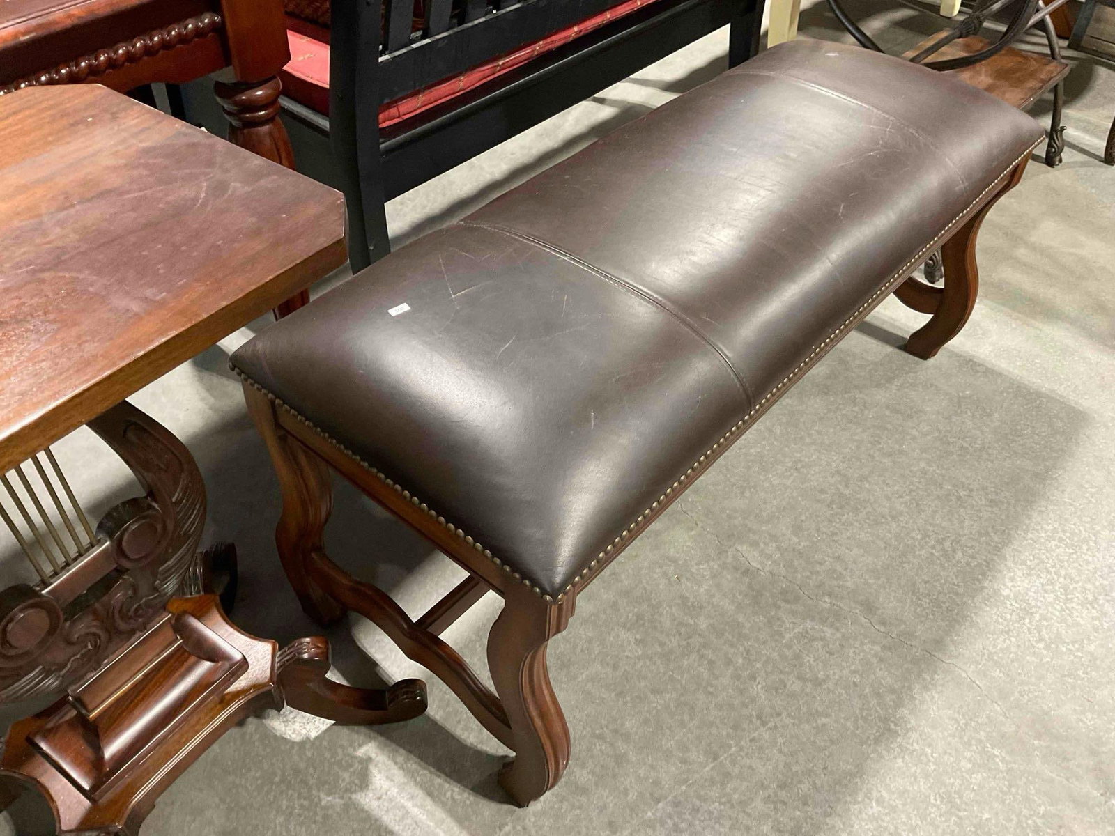 Modern United Furniture Wooden Bench w/ Brown Leather Cushion. Fair Condition. See pics, - 3