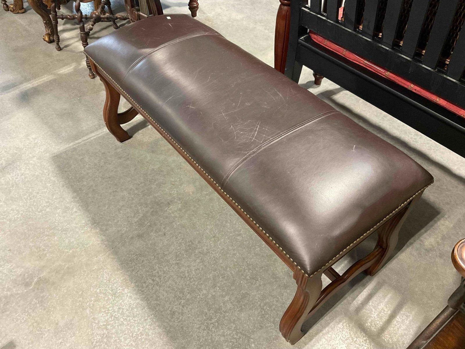 Modern United Furniture Wooden Bench w/ Brown Leather Cushion. Fair Condition. See pics, - 4