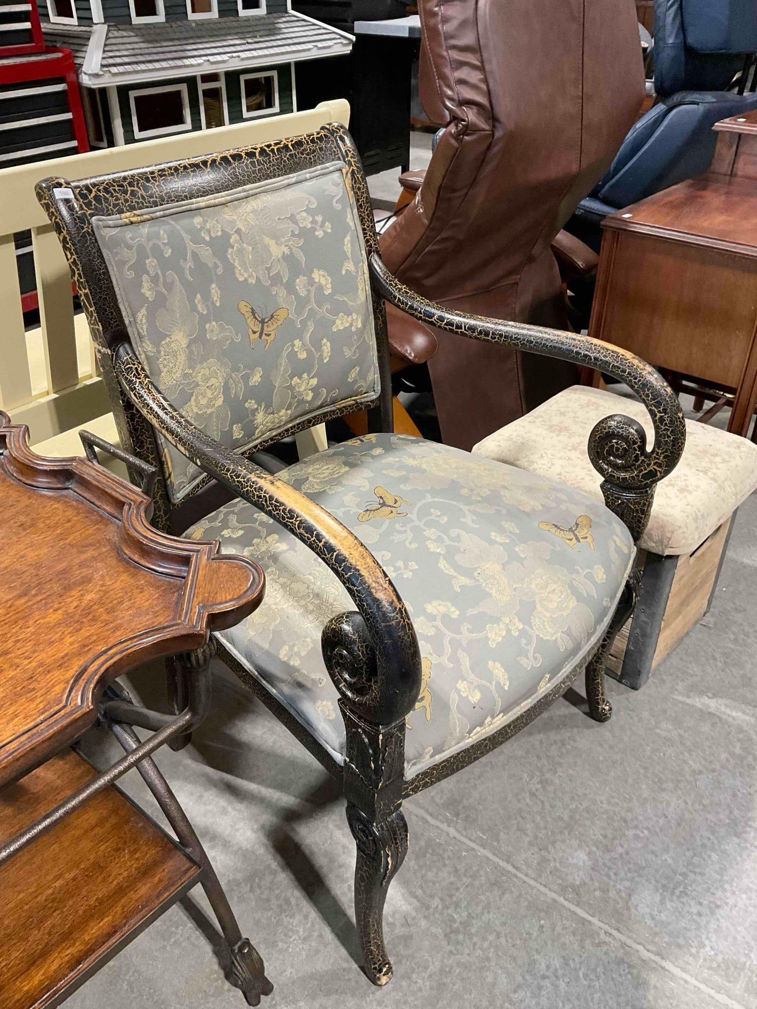 Antiqued Black Painted Armchair w/ Modern Lovely Blue Butterfly Fabric. Good Condition. - 2
