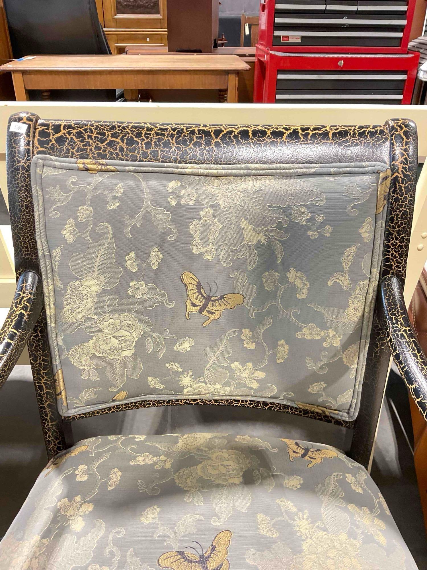 Antiqued Black Painted Armchair w/ Modern Lovely Blue Butterfly Fabric. Good Condition. - 4