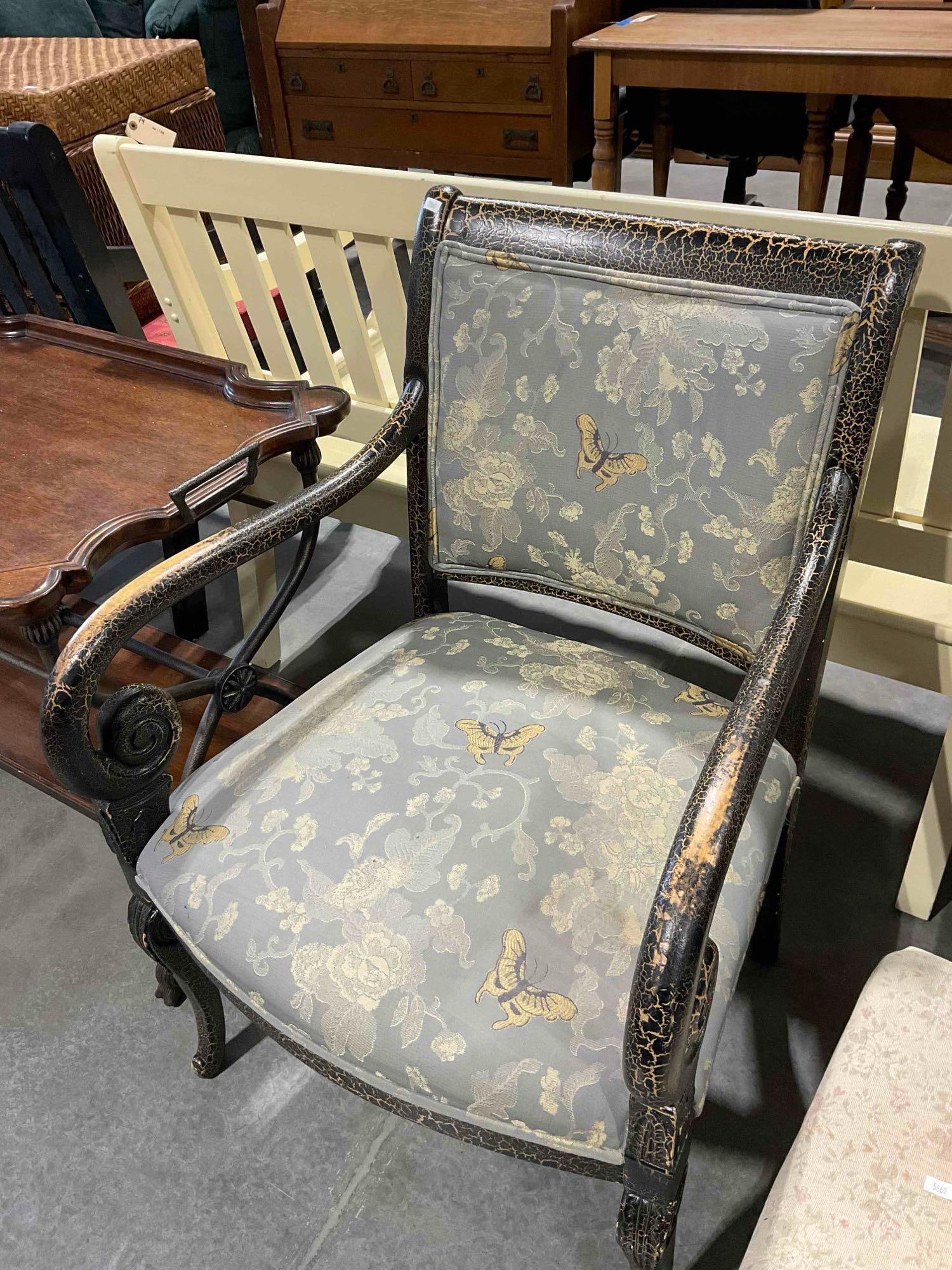 Antiqued Black Painted Armchair w/ Modern Lovely Blue Butterfly Fabric. Good Condition. - 6