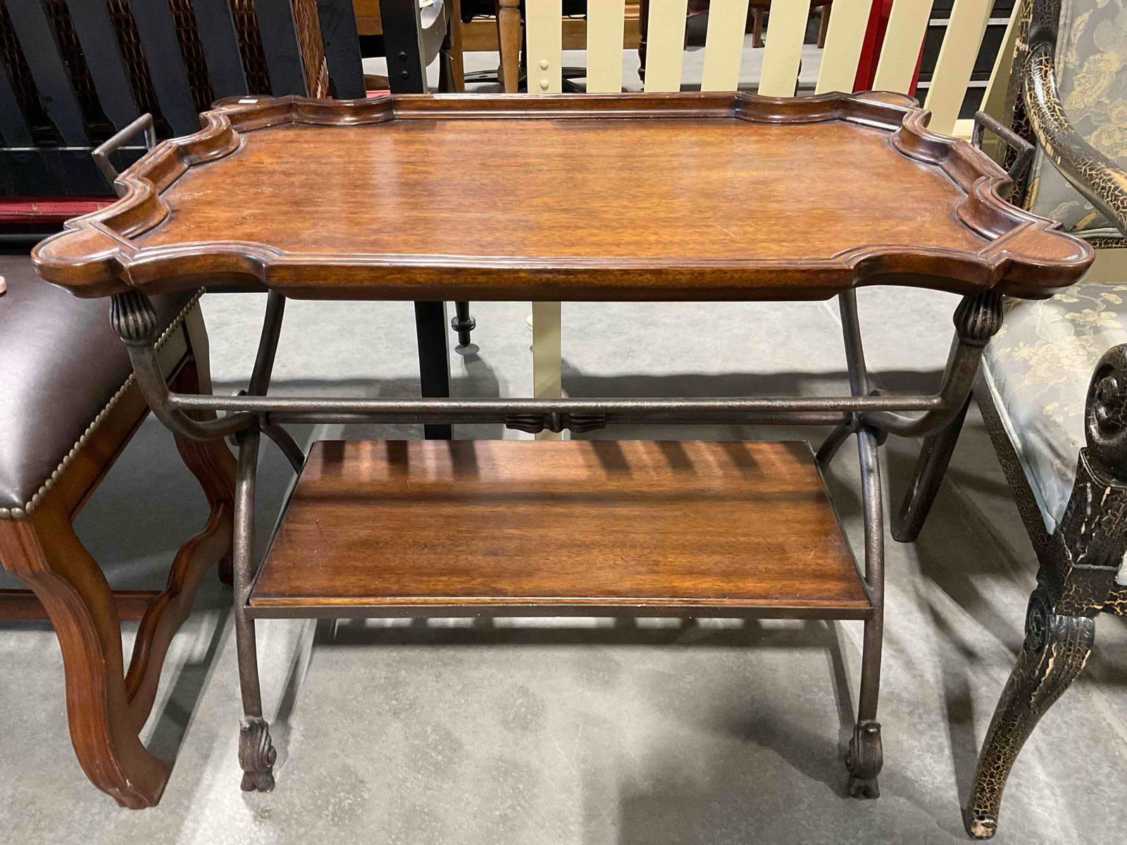 Antique Style Mahogany Finish Two-Tier Accent Side Table. Good Condition. See pics.: Antique Style Mahogany Finish Two-Tier Accent Side Table. Good Condition. Minor wear indicative of age and use, otherwise looks to be in good condition. Measures 33" x 20" x 28" DM-5860 *Freight 