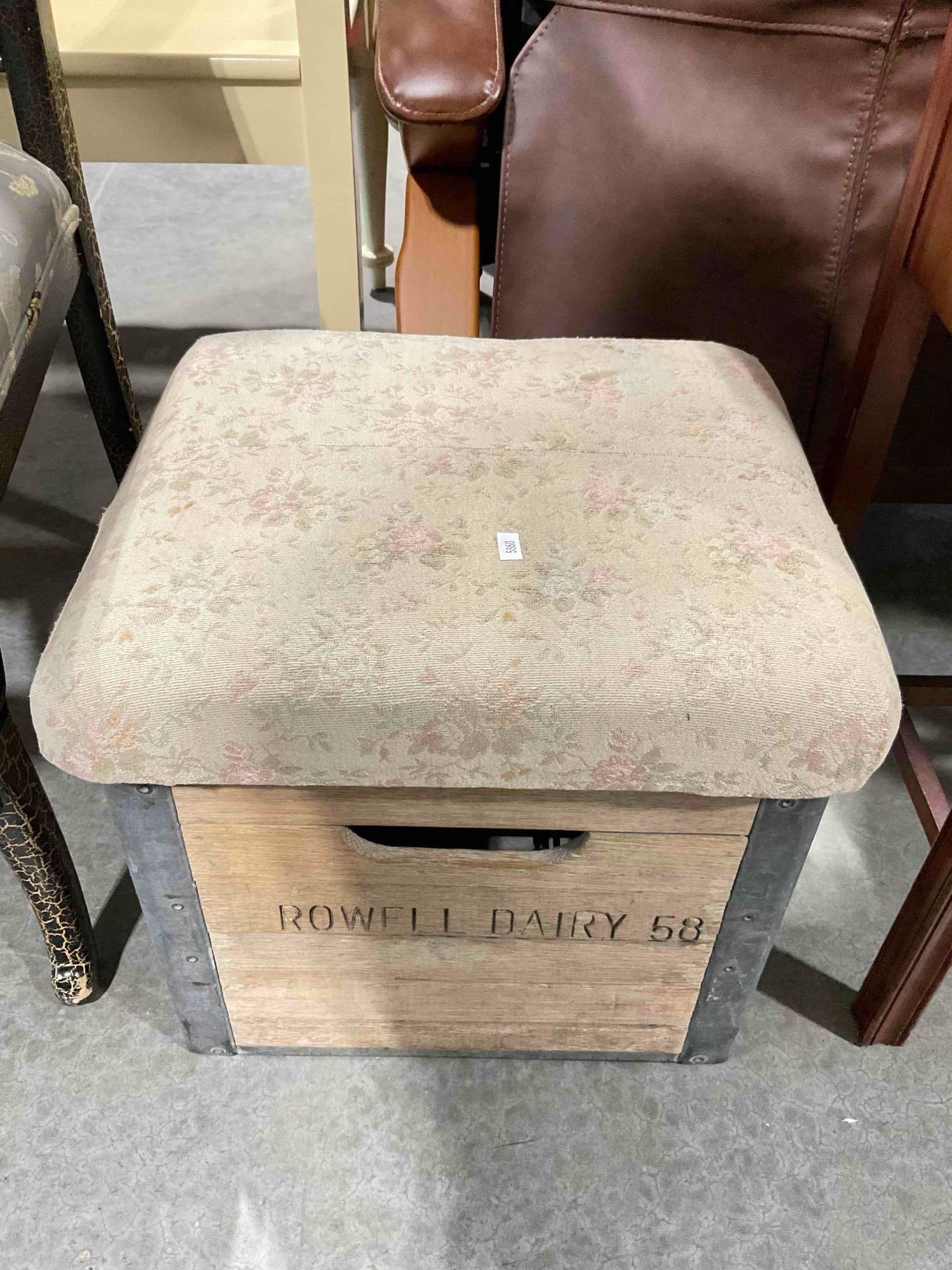 Vintage Ottoman Made From Repurposed Rowell Dairy Crate. Good Condition. See pics.: Vintage Ottoman Made From Repurposed Rowell Dairy Crate. Good Condition. Minor wear indicative of age and use, condition otherwise looks to be good. Measures 14" x 18" x 14" DM-5860 *Freight