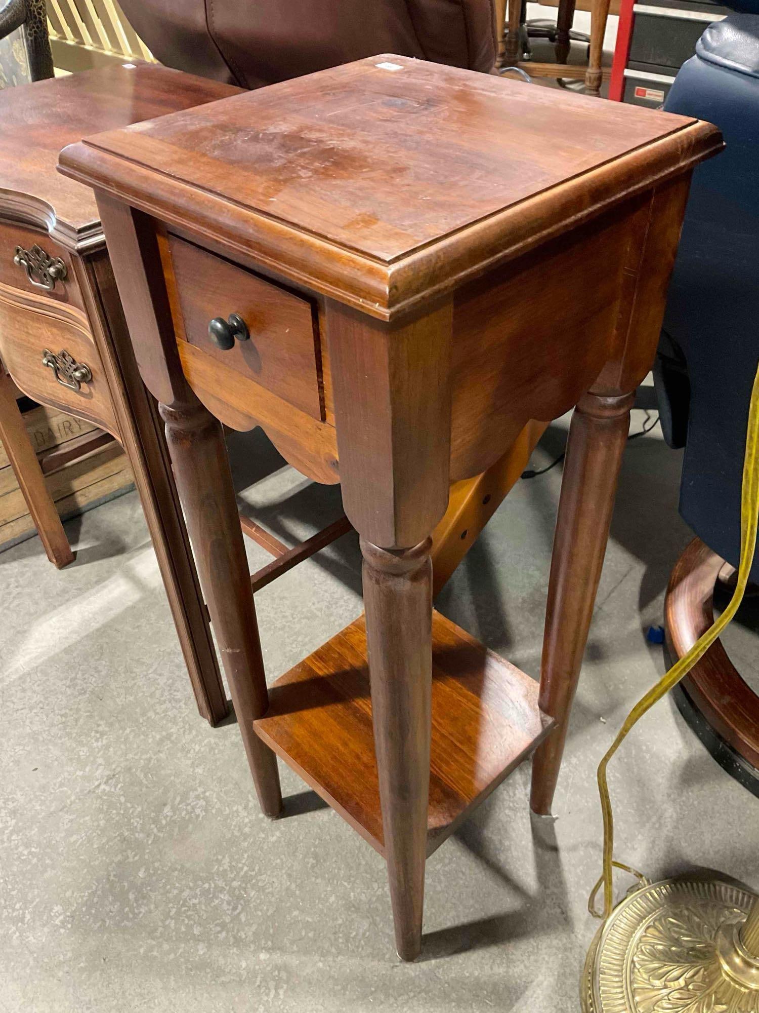 Pier 1 Mahogany Wood Side 2-Tier Planter Table w/ Drawer. Good Condition. See pics. - 2