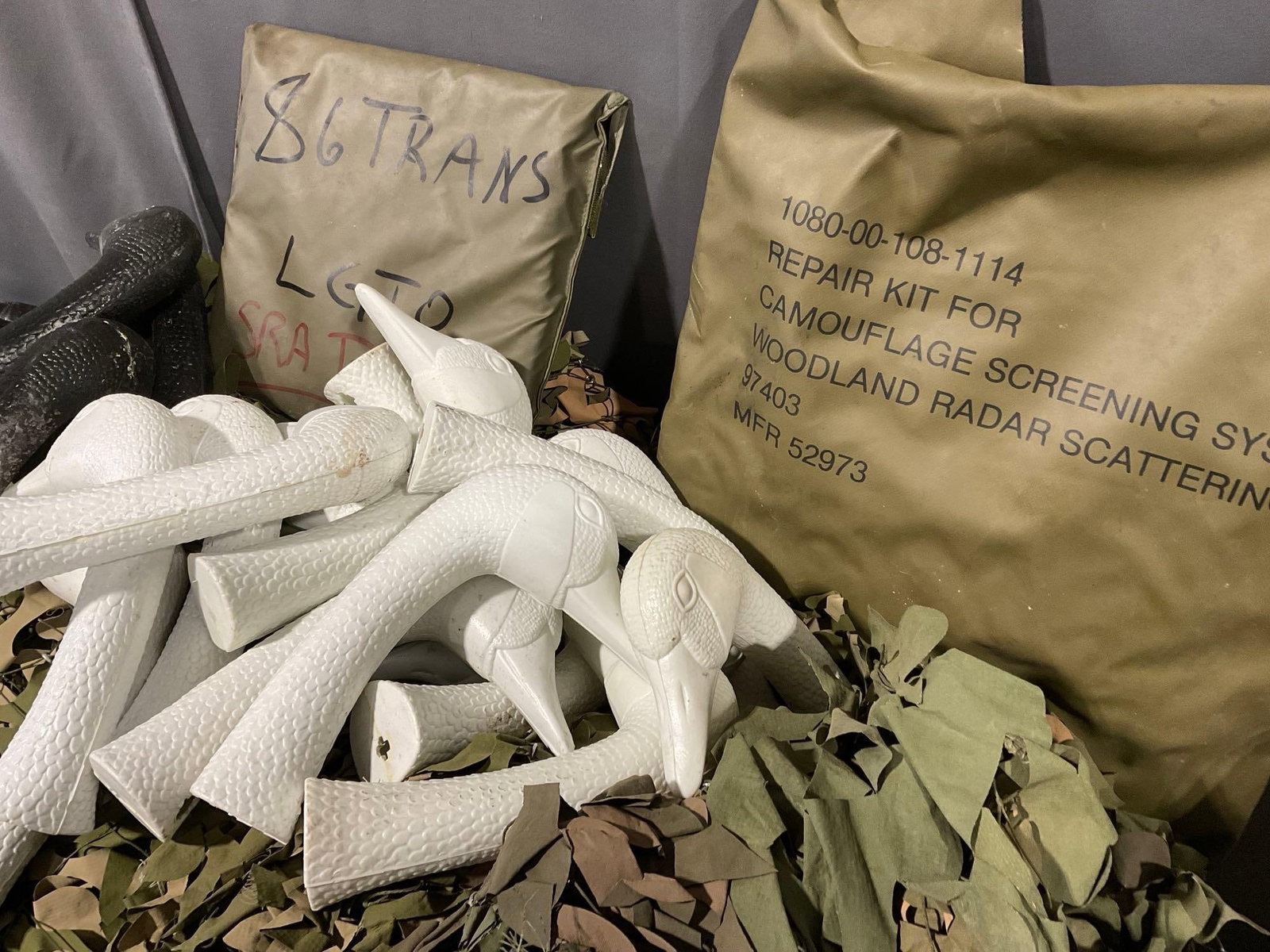 Camouflage Screen, Many Duck Head Decoys w/Stakes, & cloth covers, box full, uncounted - 3
