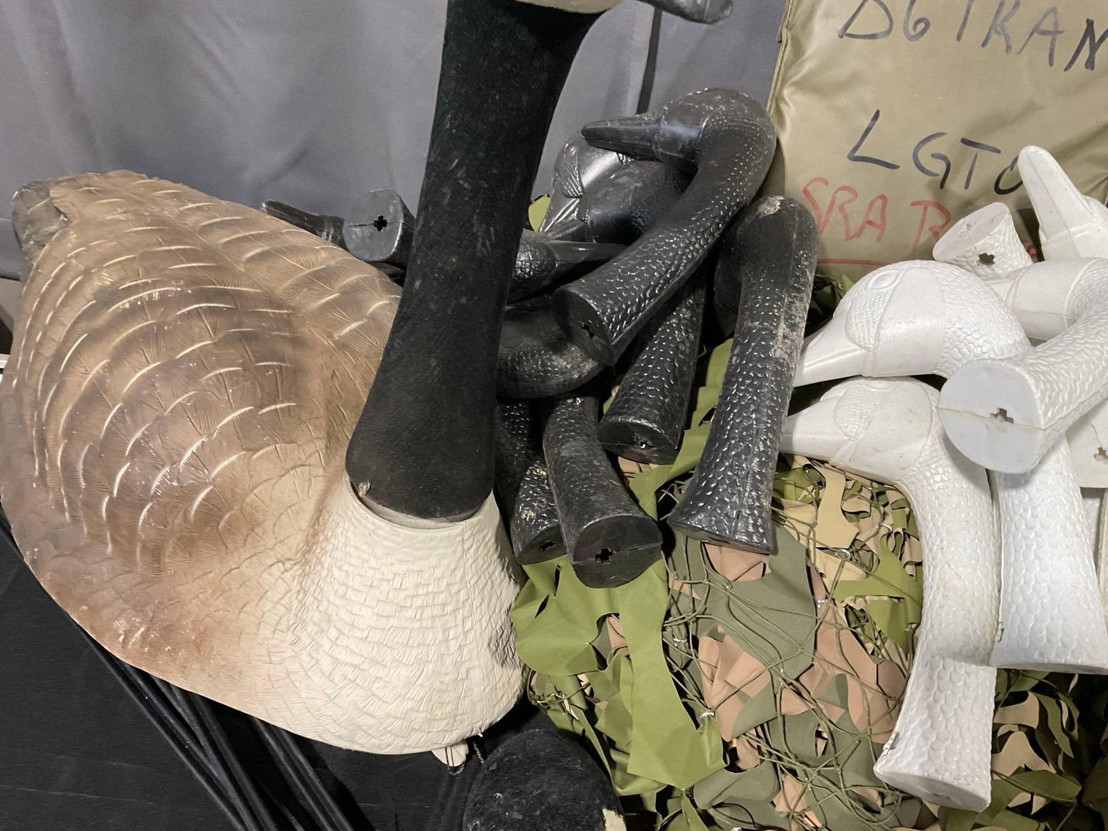 Camouflage Screen, Many Duck Head Decoys w/Stakes, & cloth covers, box full, uncounted - 4