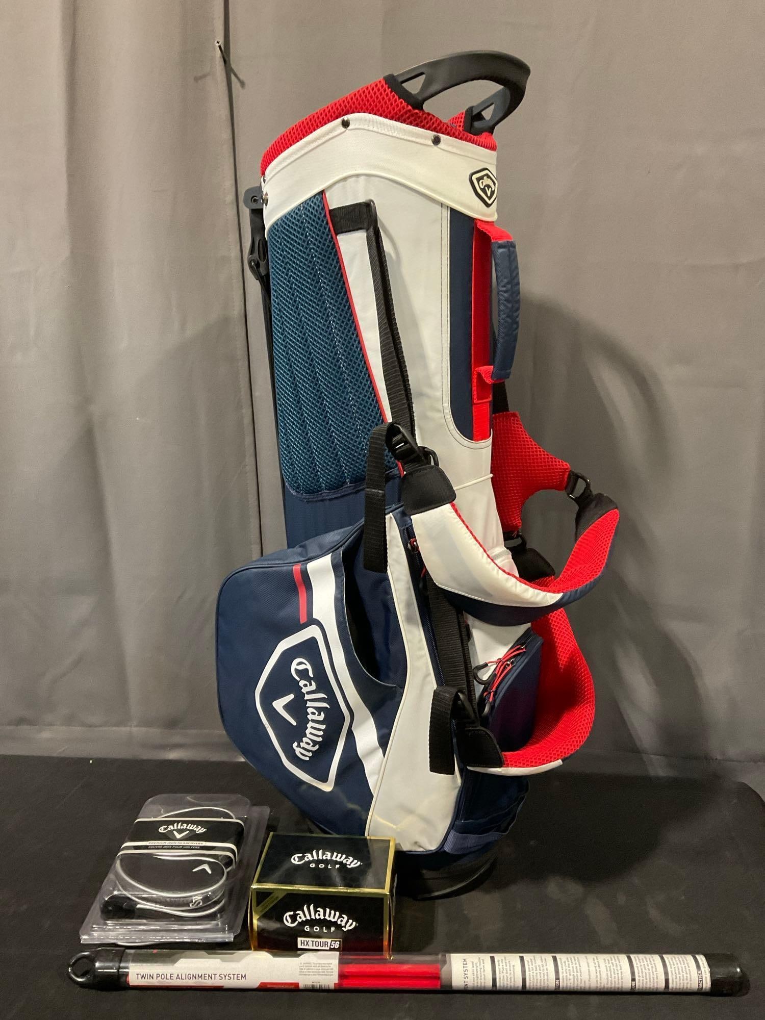 Callaway Fairway+ Stand Bag, in Red/White/Navy Blue colorway, w/Club Head Covers: Appears to be in good shape. The piece measures approx 36h x 14w x 15d inches. See pics. E-5600 *Oversized shipping may apply*