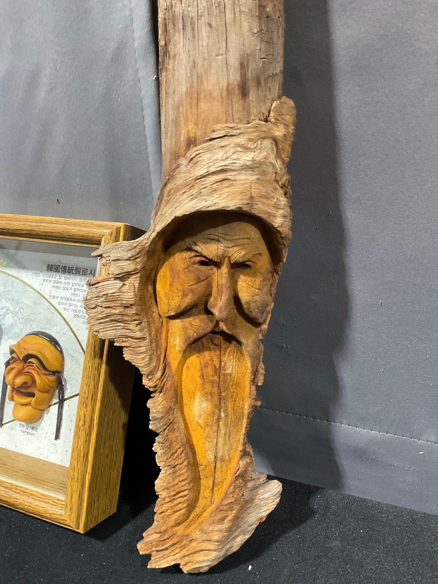 3 Small Korean Traditional Masks in Framed Shadow Box, & Carved Sage Image on Driftwood Log - 2