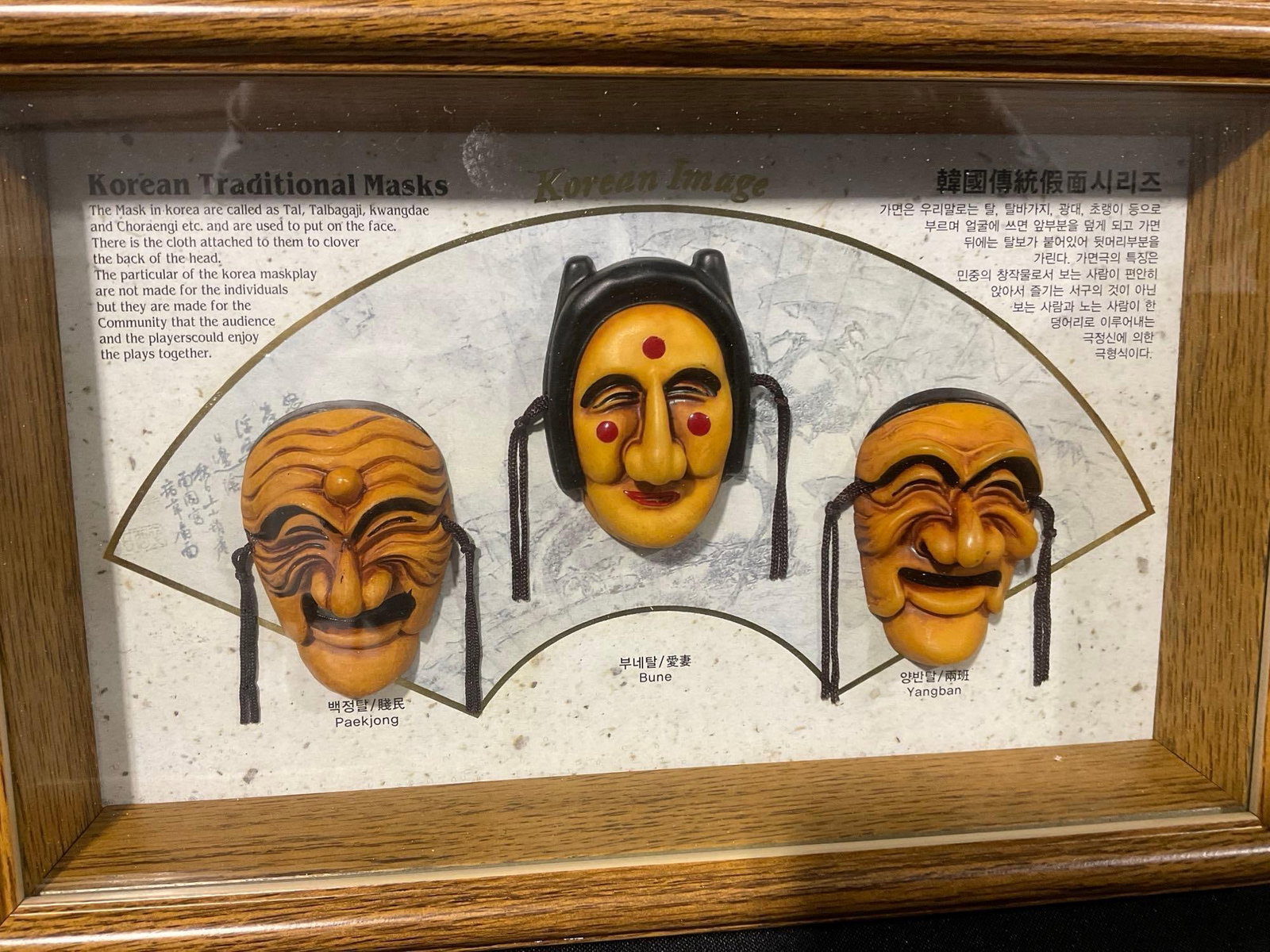3 Small Korean Traditional Masks in Framed Shadow Box, & Carved Sage Image on Driftwood Log - 3
