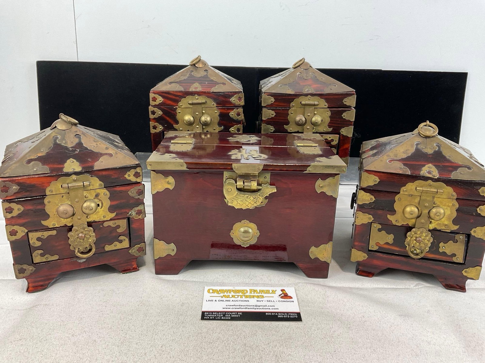 5 Asian Style Wood & Brass Jewelry & Trinket Boxes, Rich Wood Stain (1 of 7)