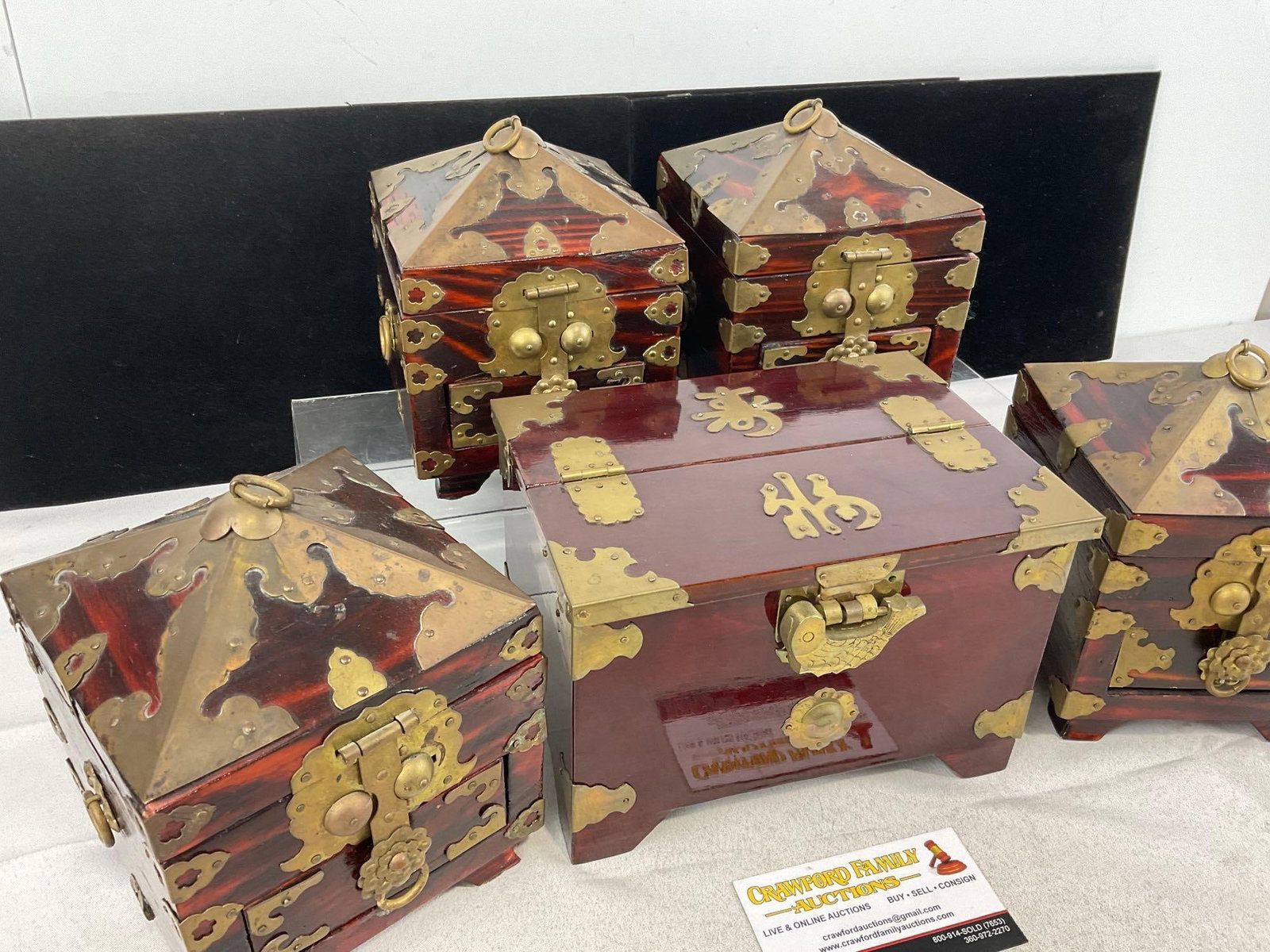 5 Asian Style Wood & Brass Jewelry & Trinket Boxes, Rich Wood Stain - 2