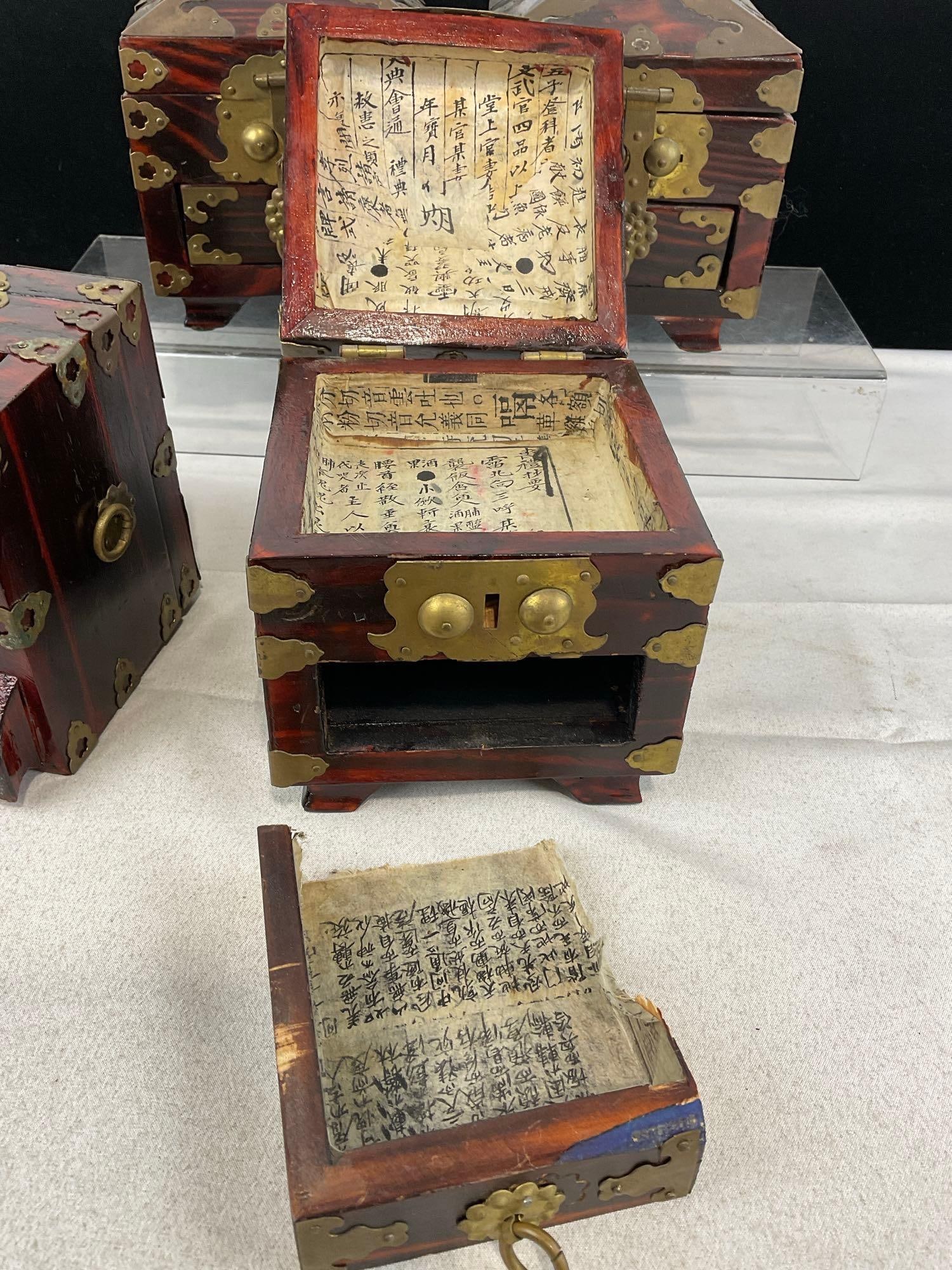 5 Asian Style Wood & Brass Jewelry & Trinket Boxes, Rich Wood Stain - 4