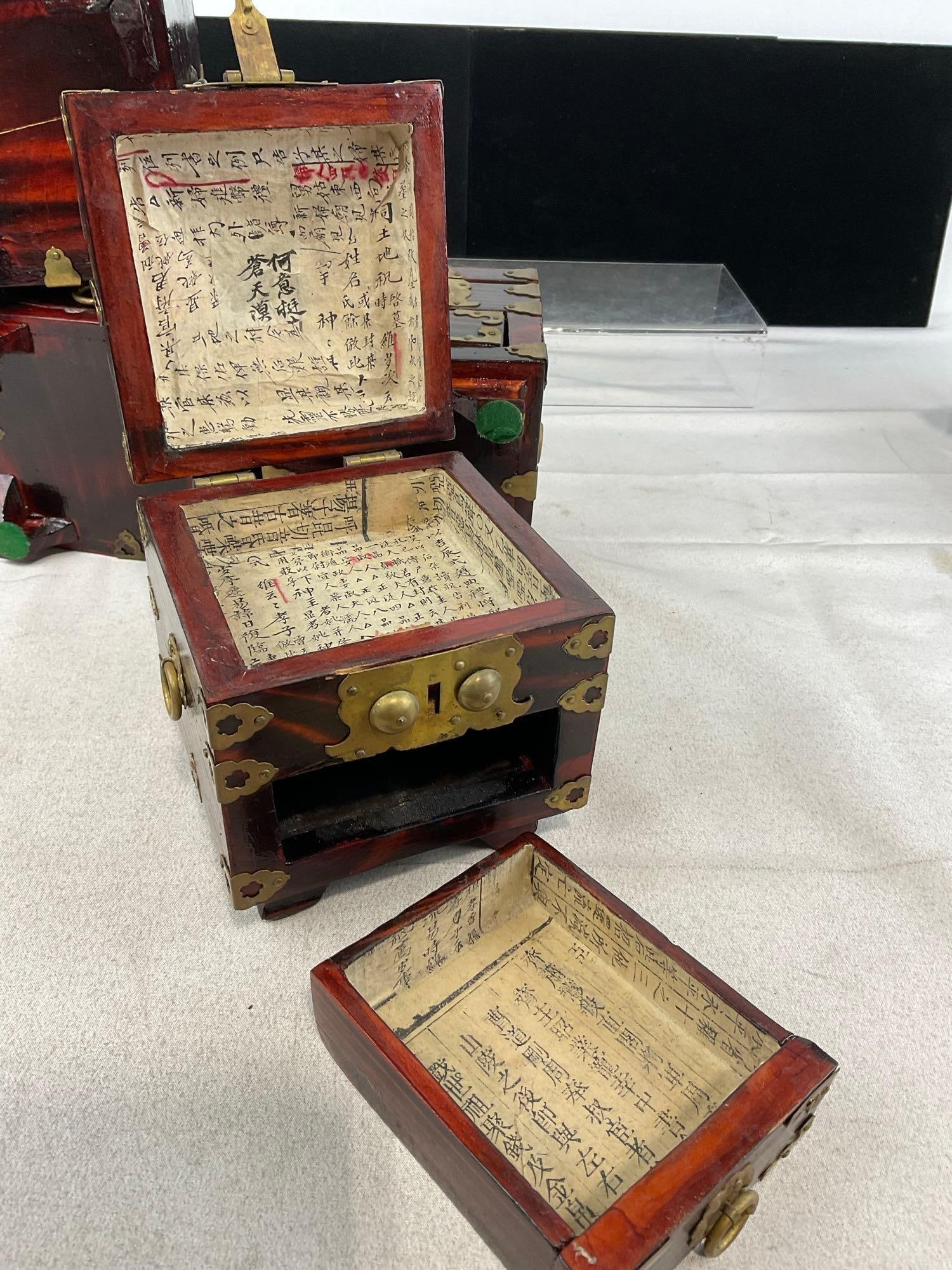 5 Asian Style Wood & Brass Jewelry & Trinket Boxes, Rich Wood Stain - 6