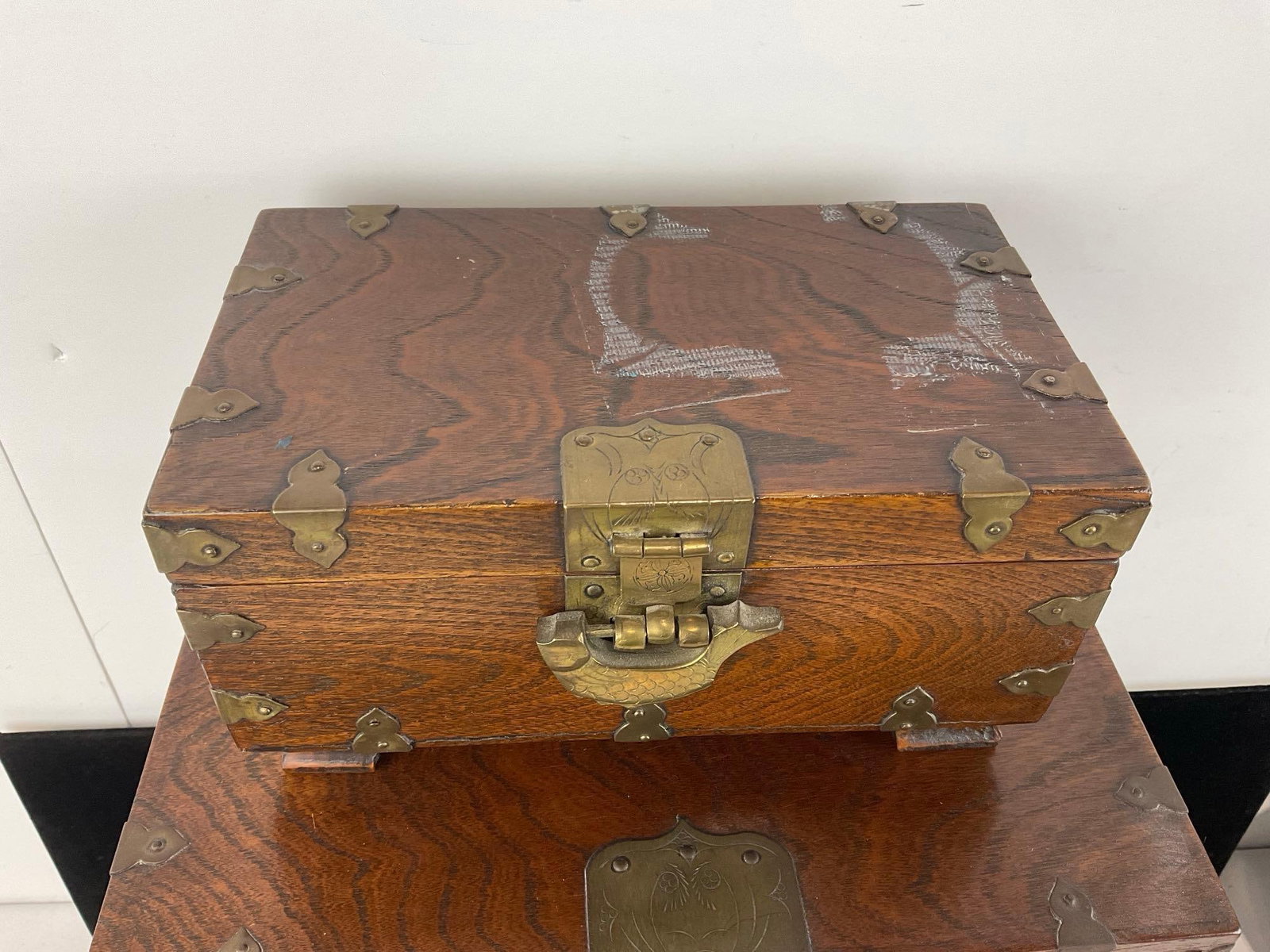 3 Indian Brass Banded Rich Stained Wooden Jewelry/Trinket Boxes, w/Locks, no key - 2