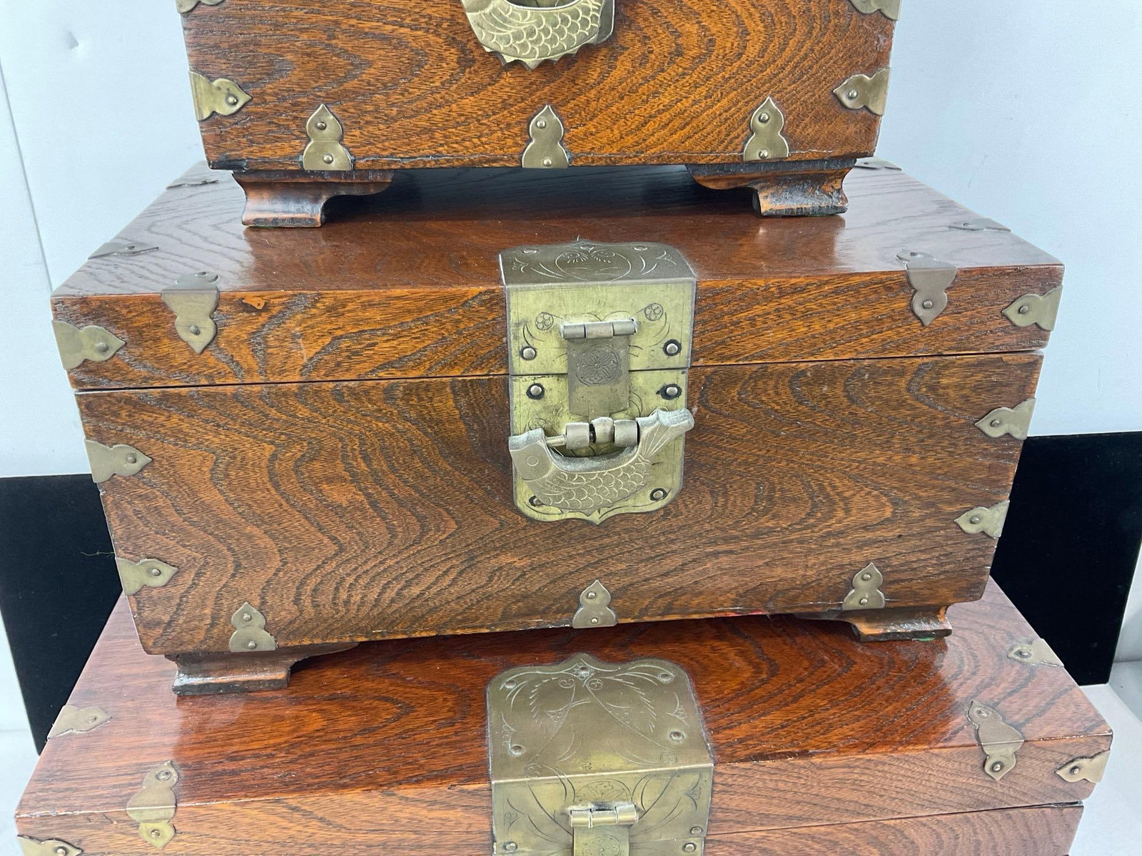3 Indian Brass Banded Rich Stained Wooden Jewelry/Trinket Boxes, w/Locks, no key - 3