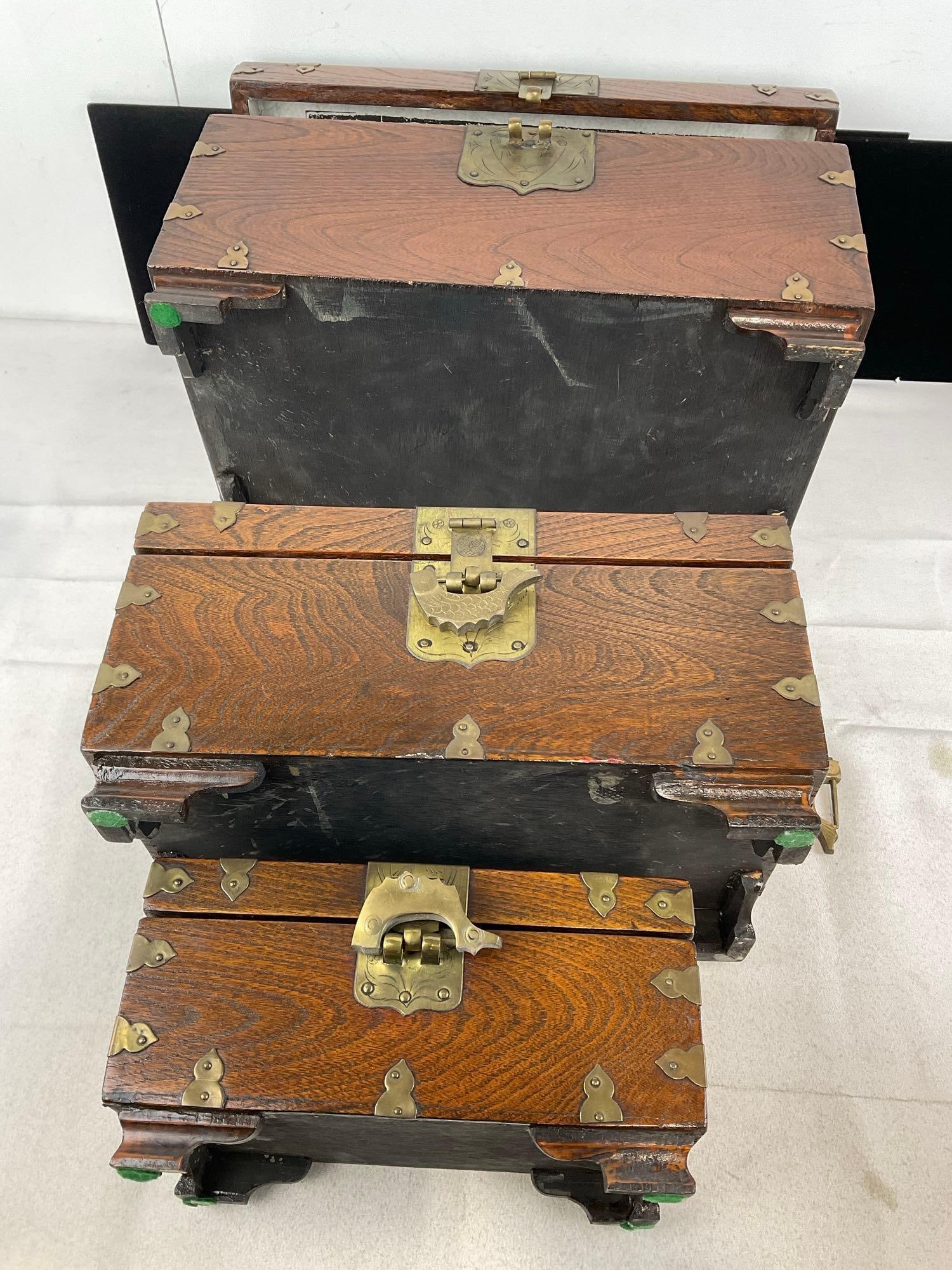 3 Indian Brass Banded Rich Stained Wooden Jewelry/Trinket Boxes, w/Locks, no key - 7