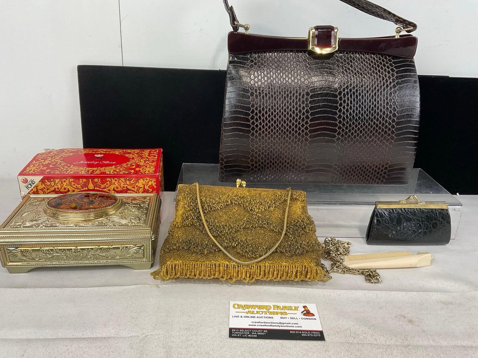 Faux Crocodile Leather Purse & Hong Kong Beaded Yellow Purse, Fons Jewelry Box w/original box: Appears to be in good shape. The piece measures approx 11h x 11w x 6d inches. See pics. E-5830