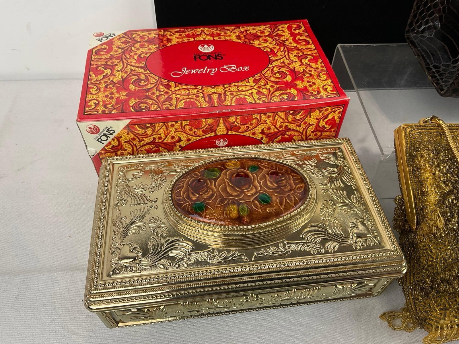 Faux Crocodile Leather Purse & Hong Kong Beaded Yellow Purse, Fons Jewelry Box w/original box - 2