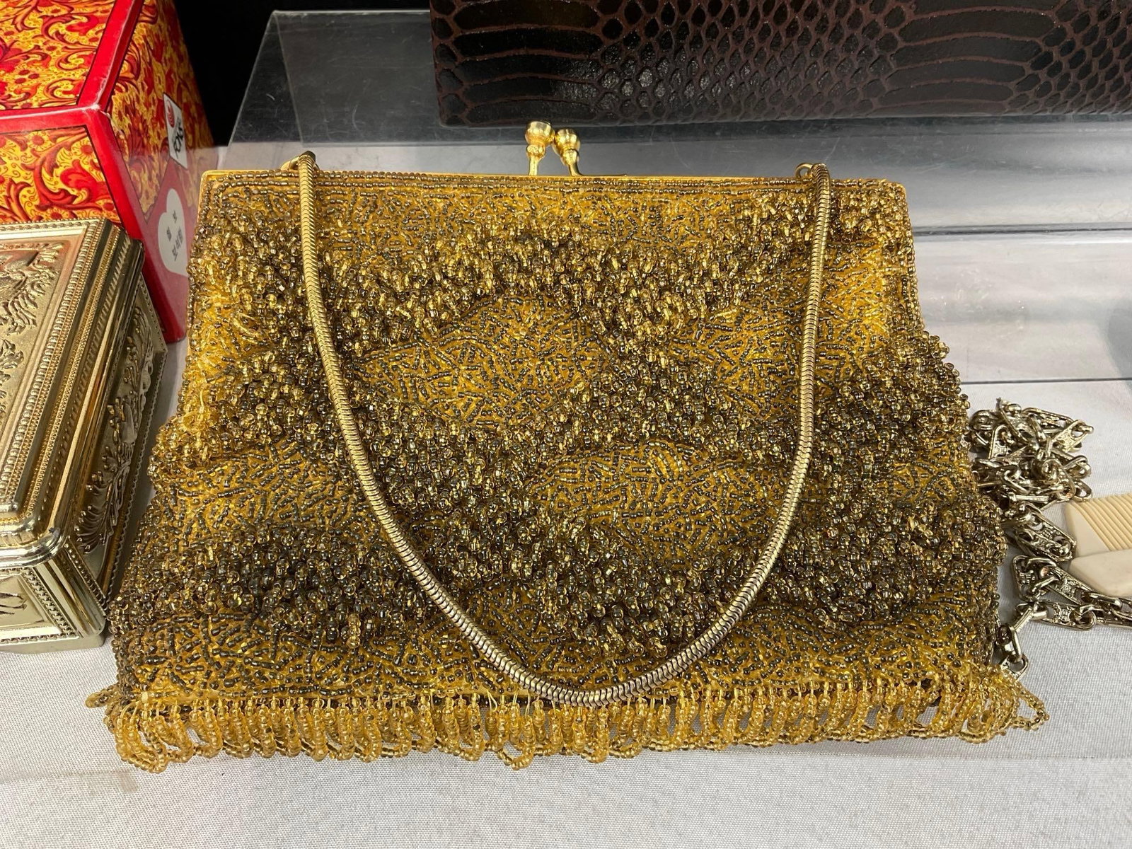 Faux Crocodile Leather Purse & Hong Kong Beaded Yellow Purse, Fons Jewelry Box w/original box - 3