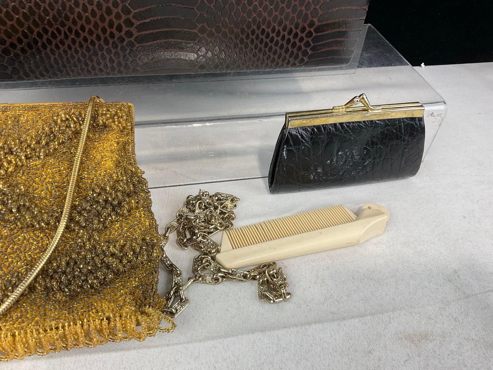 Faux Crocodile Leather Purse & Hong Kong Beaded Yellow Purse, Fons Jewelry Box w/original box - 4