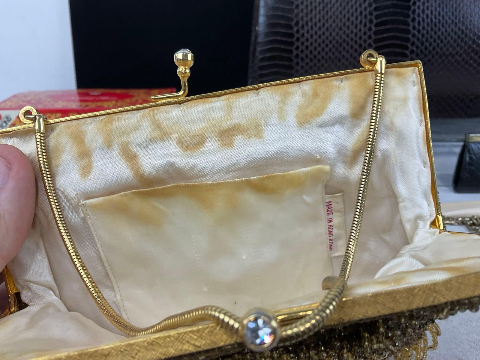 Faux Crocodile Leather Purse & Hong Kong Beaded Yellow Purse, Fons Jewelry Box w/original box - 5