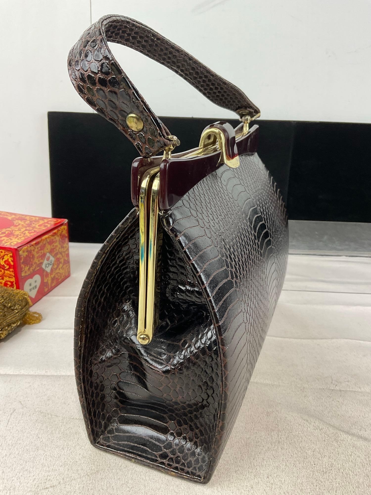 Faux Crocodile Leather Purse & Hong Kong Beaded Yellow Purse, Fons Jewelry Box w/original box - 8
