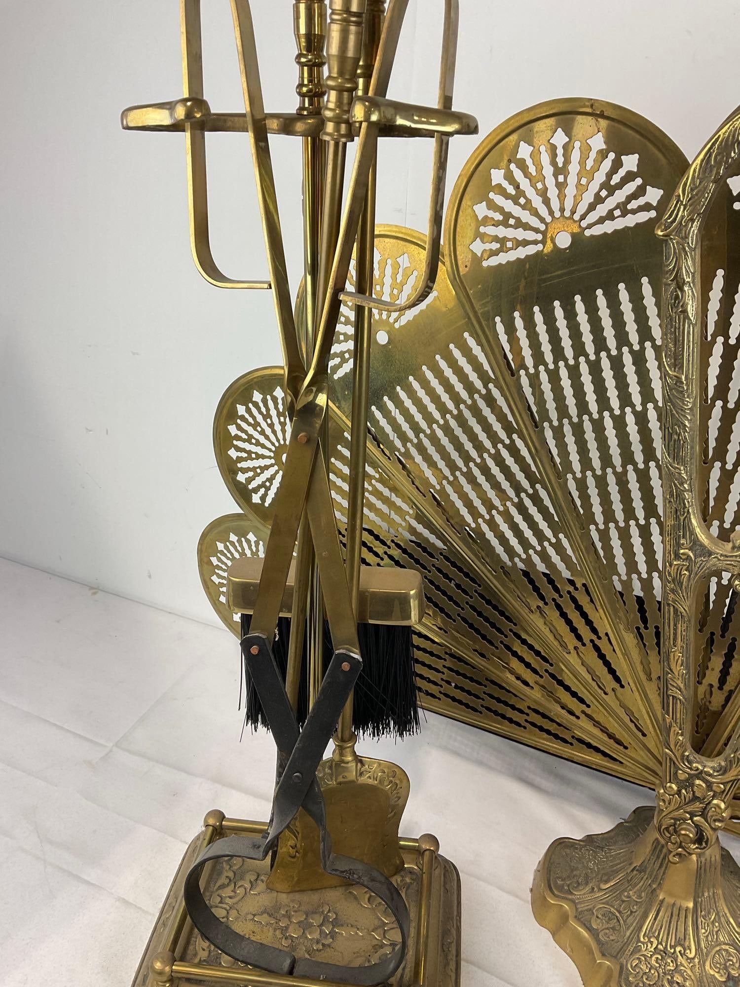 Cast Brass Fireplace Folding Screen, Log Holder, & Set of Tools, Poker, Large Tongs, Brush & Shovel - 3