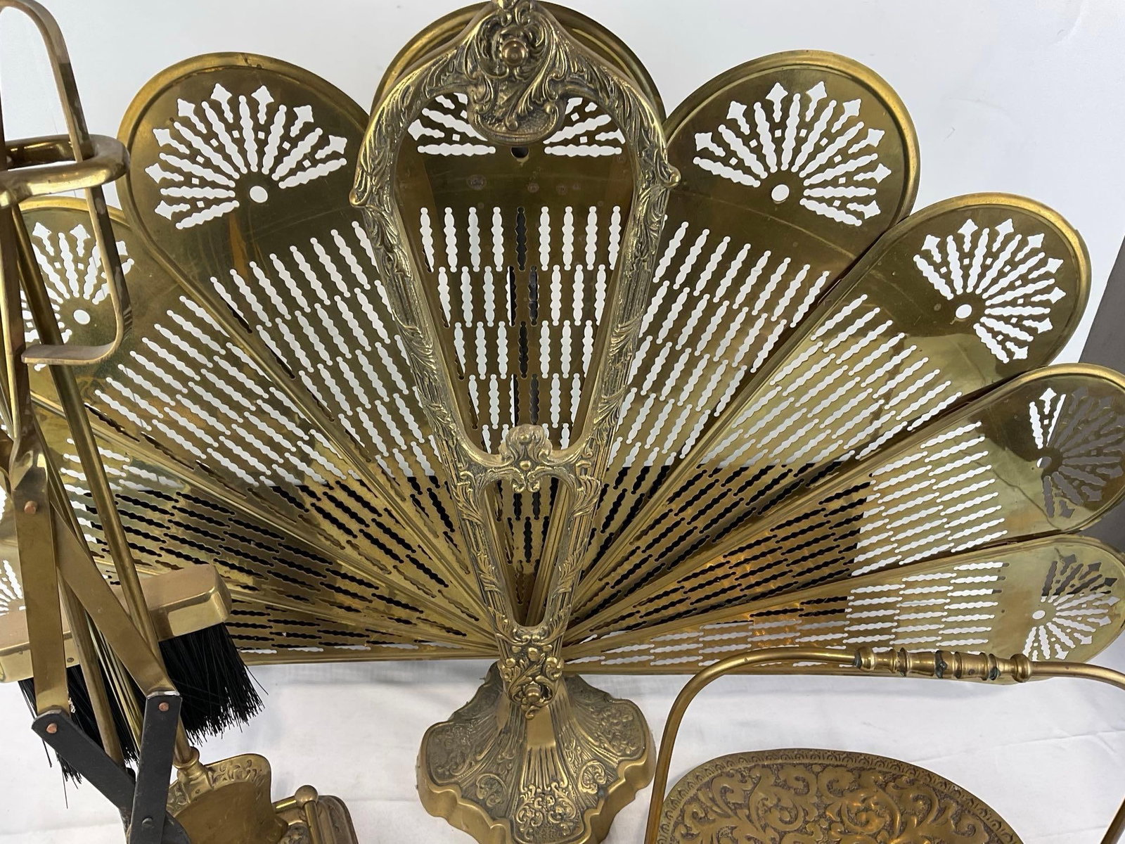 Cast Brass Fireplace Folding Screen, Log Holder, & Set of Tools, Poker, Large Tongs, Brush & Shovel - 4