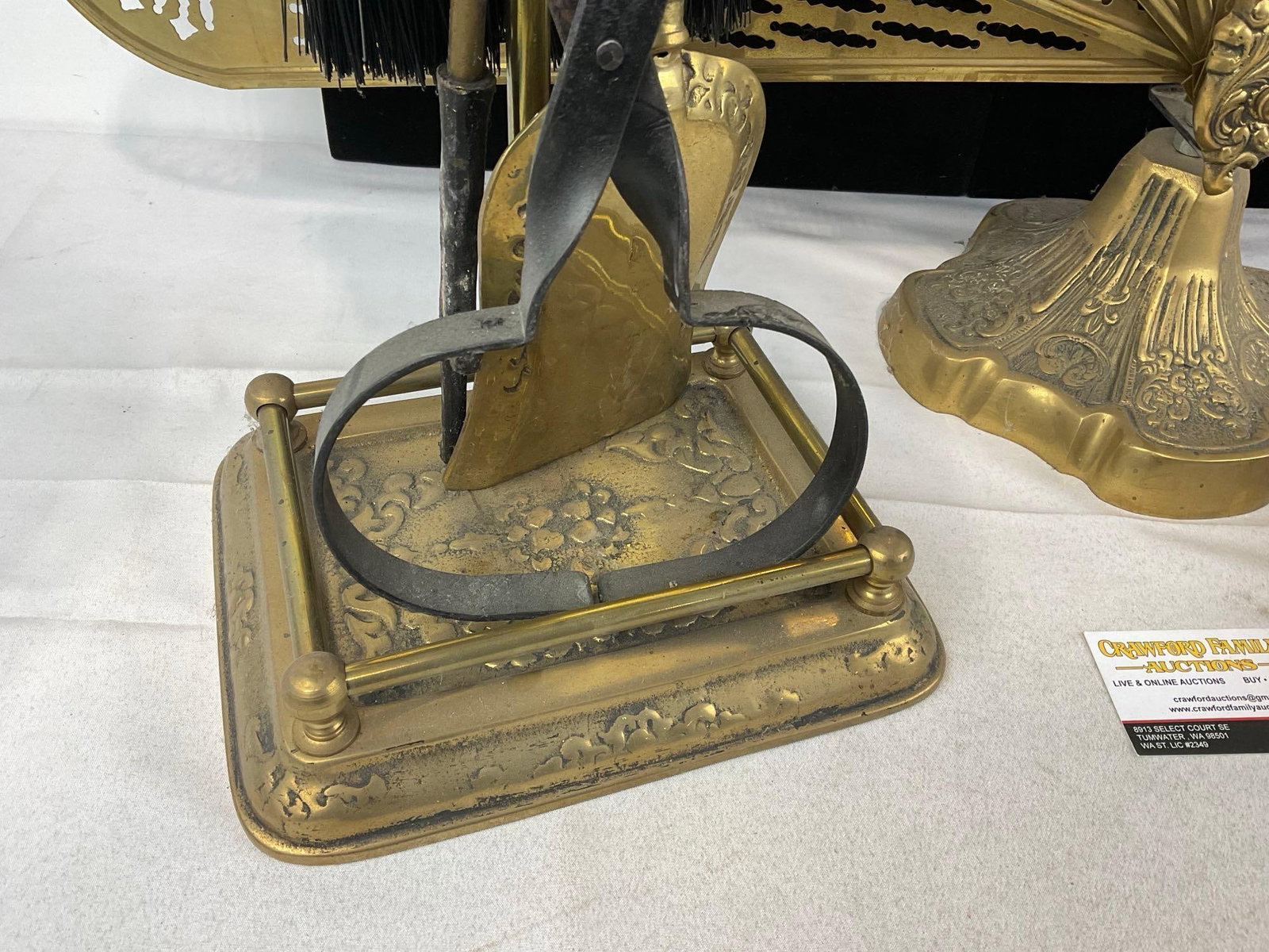 Cast Brass Fireplace Folding Screen, Log Holder, & Set of Tools, Poker, Large Tongs, Brush & Shovel - 6