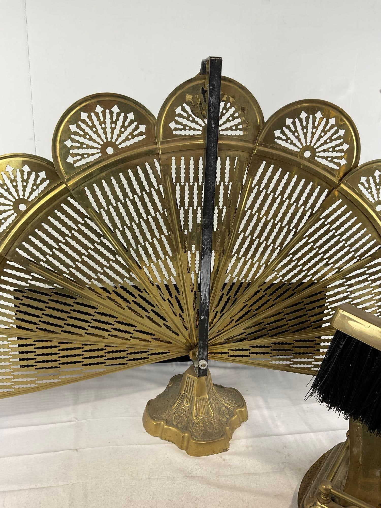 Cast Brass Fireplace Folding Screen, Log Holder, & Set of Tools, Poker, Large Tongs, Brush & Shovel - 8