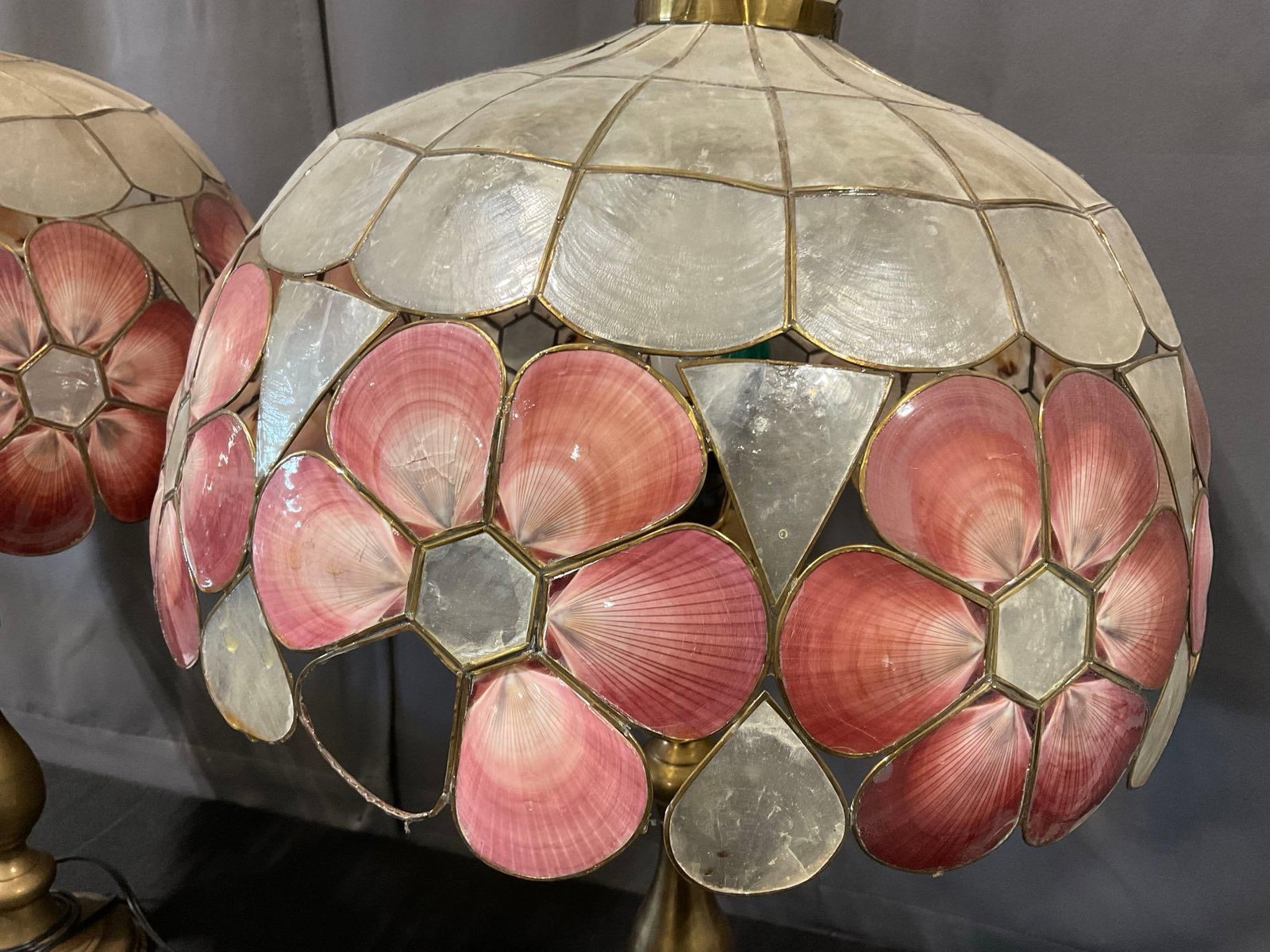 Pair of Brass Tiffany-style Lamps, Pink & White Capiz Seashell Shades, both tested, needs repairs - 2