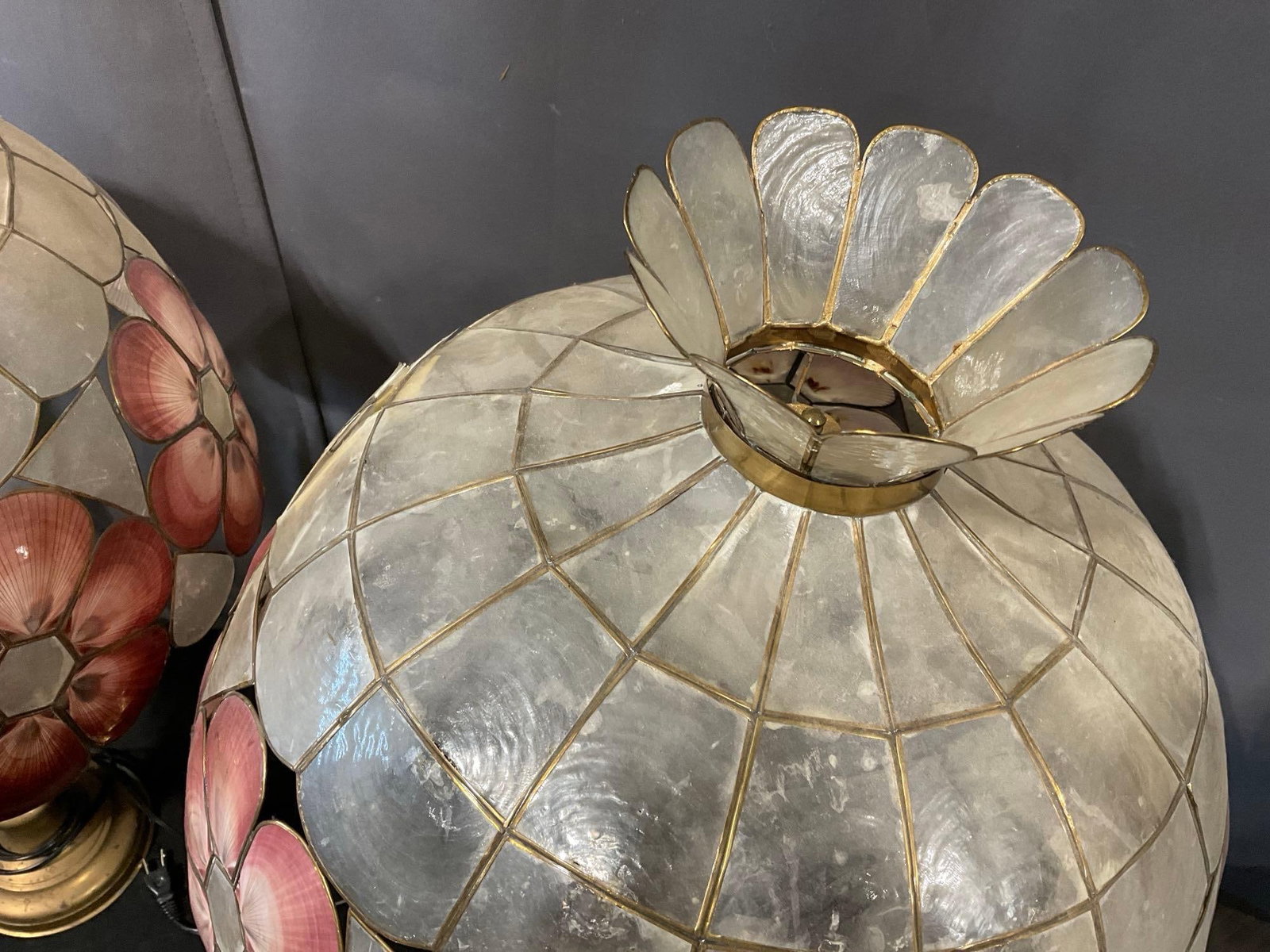 Pair of Brass Tiffany-style Lamps, Pink & White Capiz Seashell Shades, both tested, needs repairs - 3