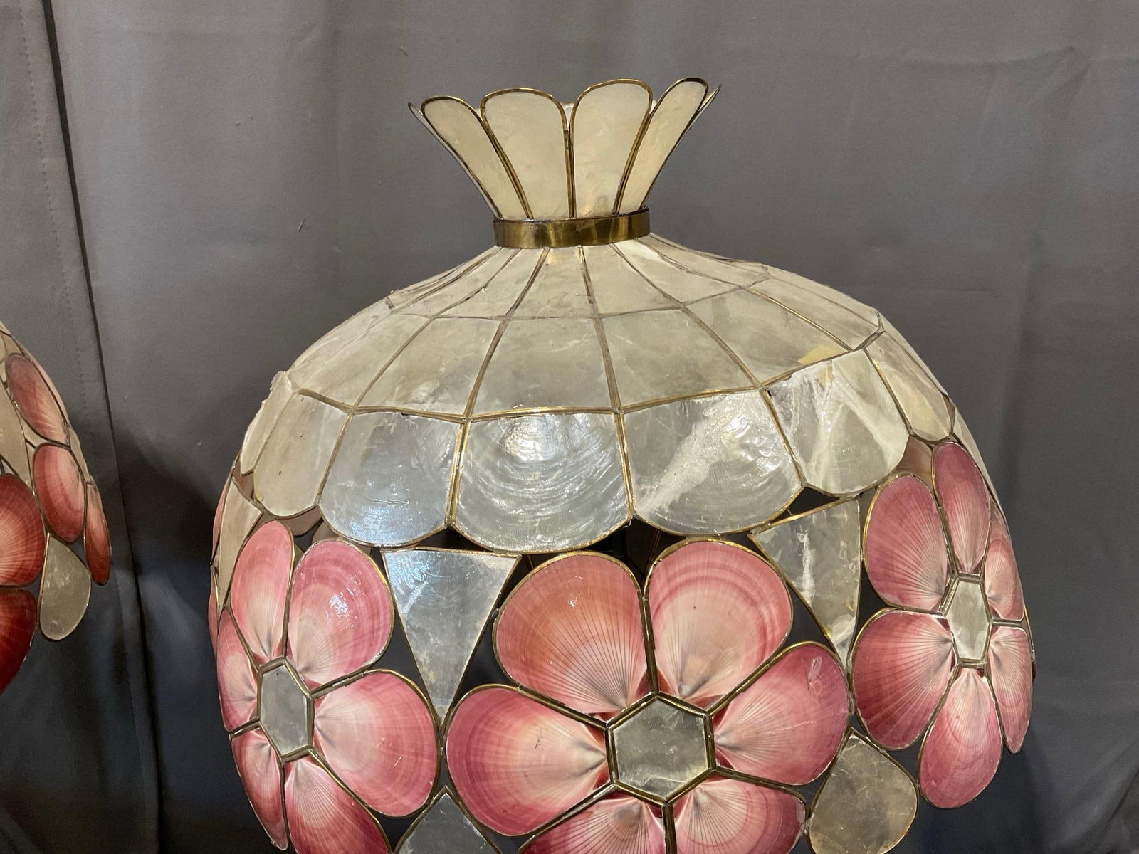 Pair of Brass Tiffany-style Lamps, Pink & White Capiz Seashell Shades, both tested, needs repairs - 4